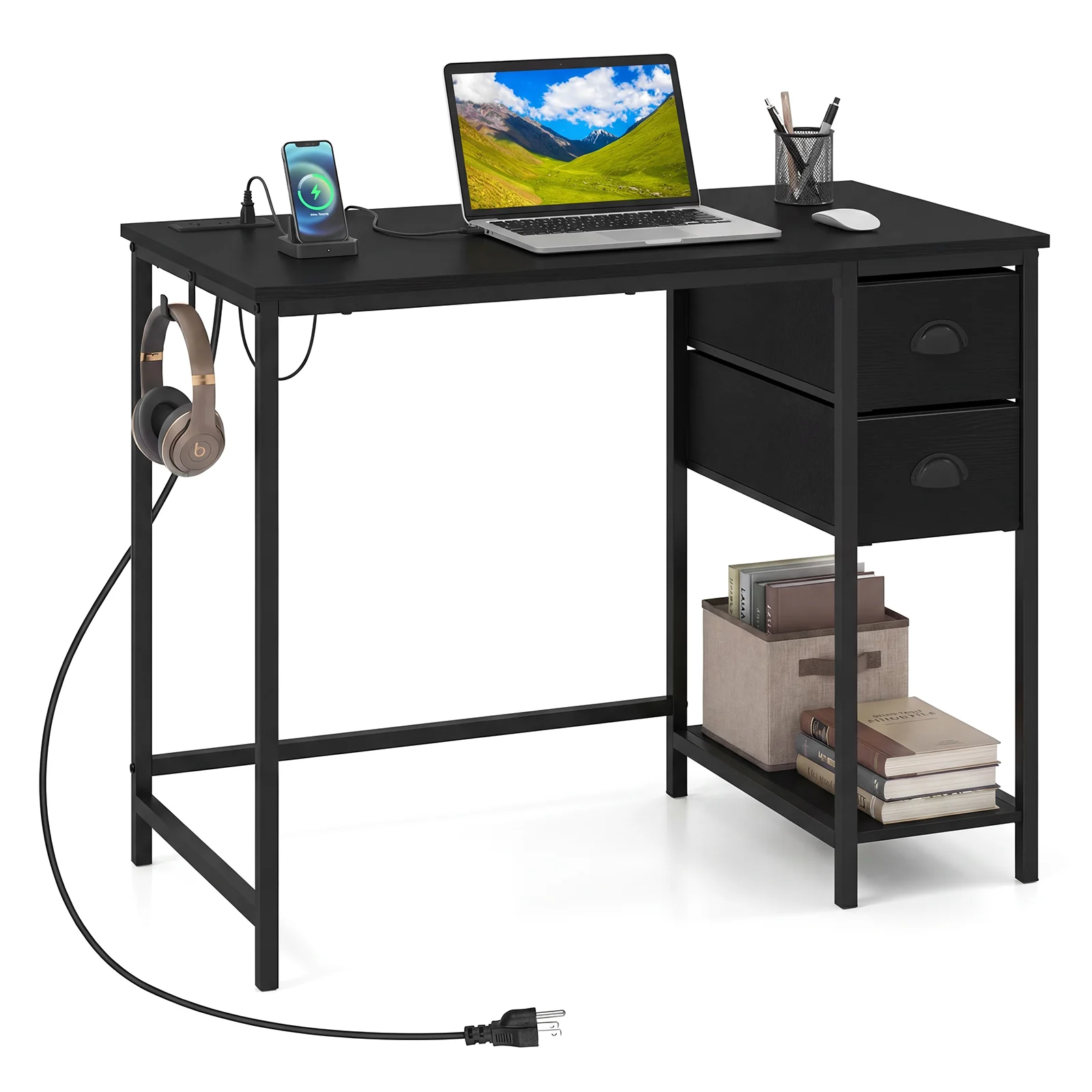 Computer Desk With Charging Station, 2 Fabric Drawers, Black - Image 4
