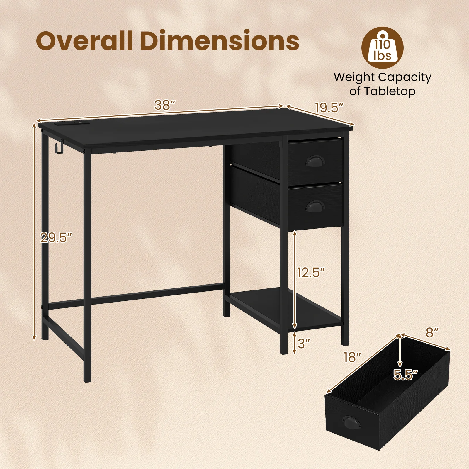 Computer Desk With Charging Station, 2 Fabric Drawers, Black - Image 5