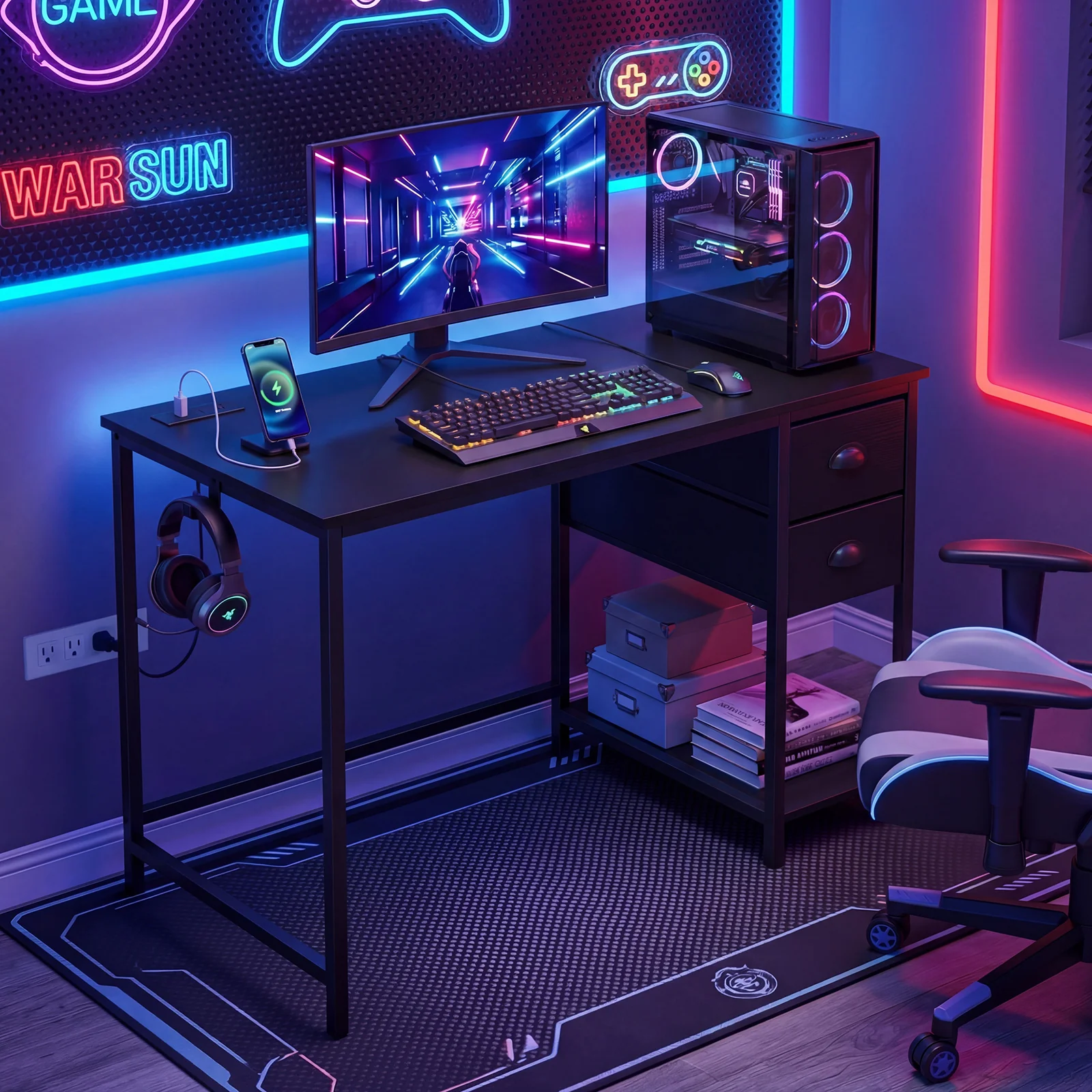 Computer Desk With Charging Station, 2 Fabric Drawers, Black - Image 6