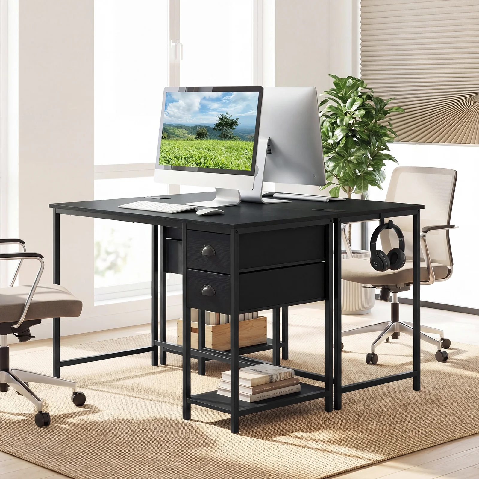 Computer Desk With Charging Station, 2 Fabric Drawers, Black - Image 7