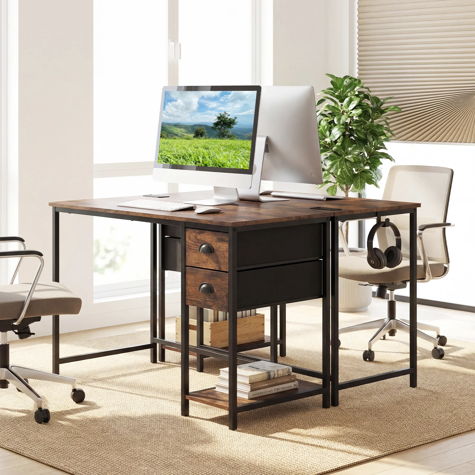 Computer Desk With Charging Station, 2 Fabric Drawers, Brown - Image 7