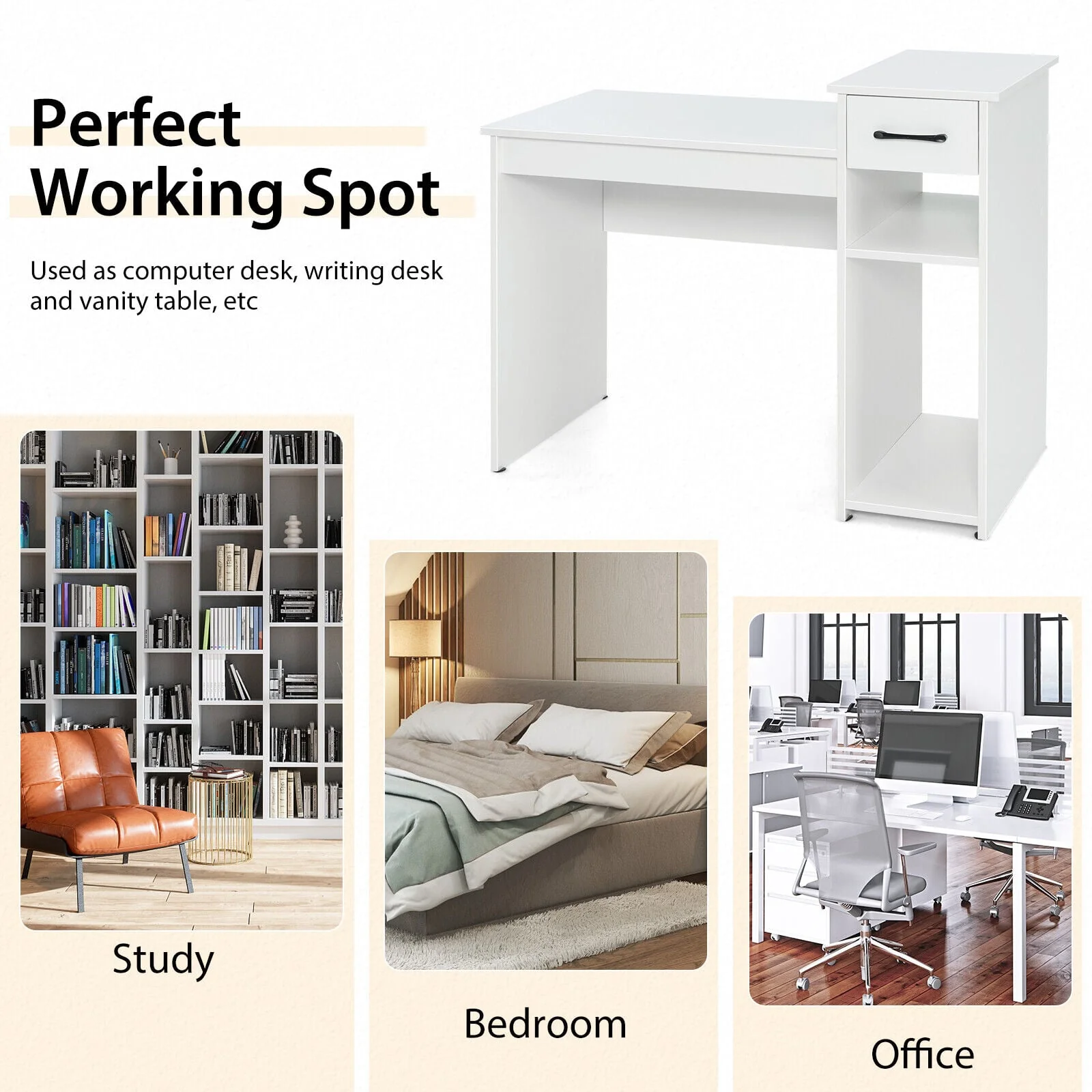 Computer Desk With Drawer And Shelf, White - Image 4