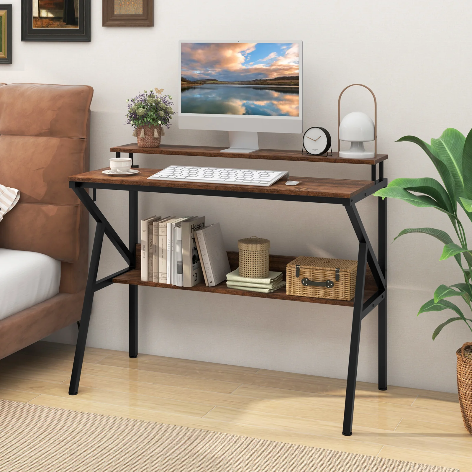 Computer Desk With Monitor Stand, Storage Shelf, Rustic Brown - Image 3