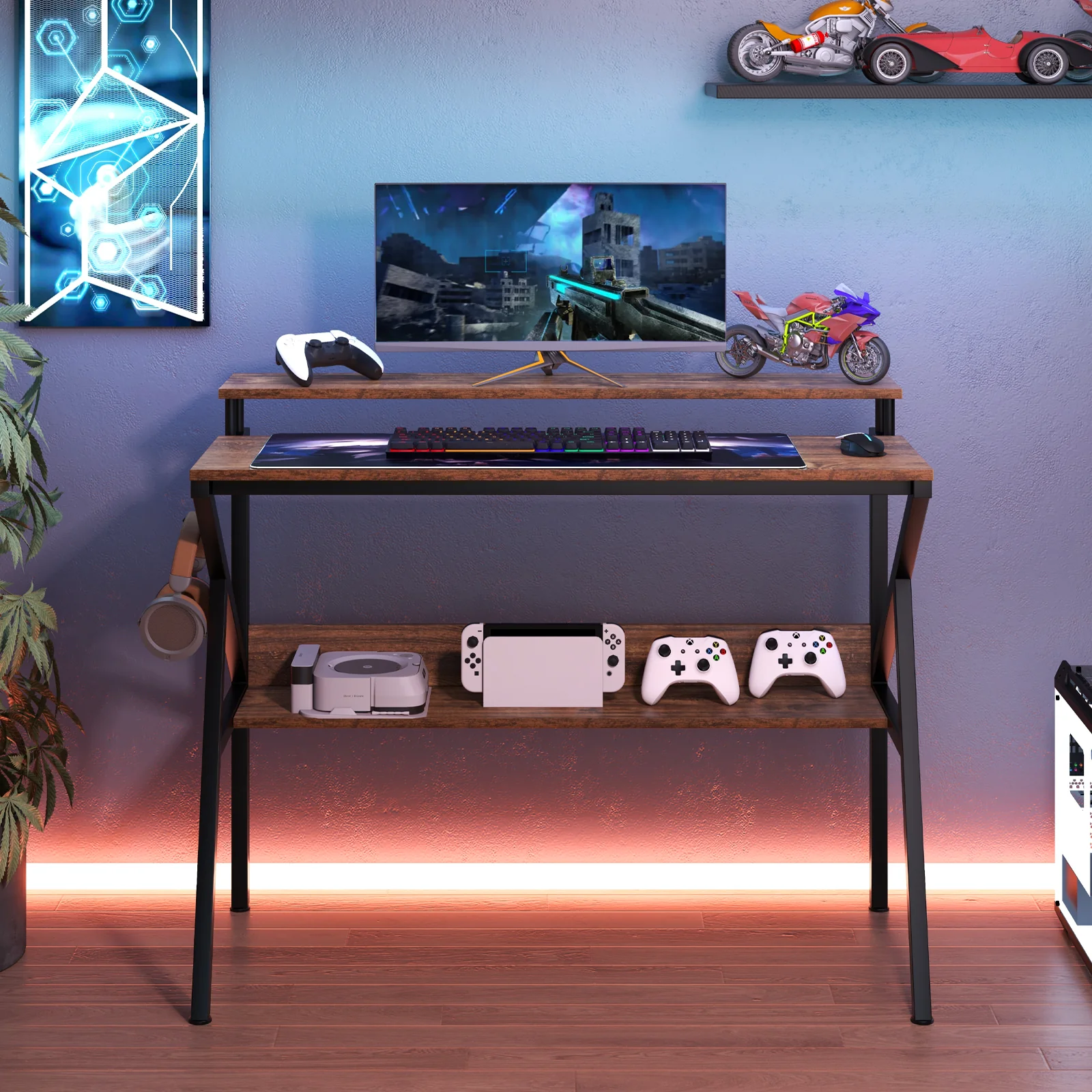 Computer Desk With Monitor Stand, Storage Shelf, Rustic Brown - Image 7
