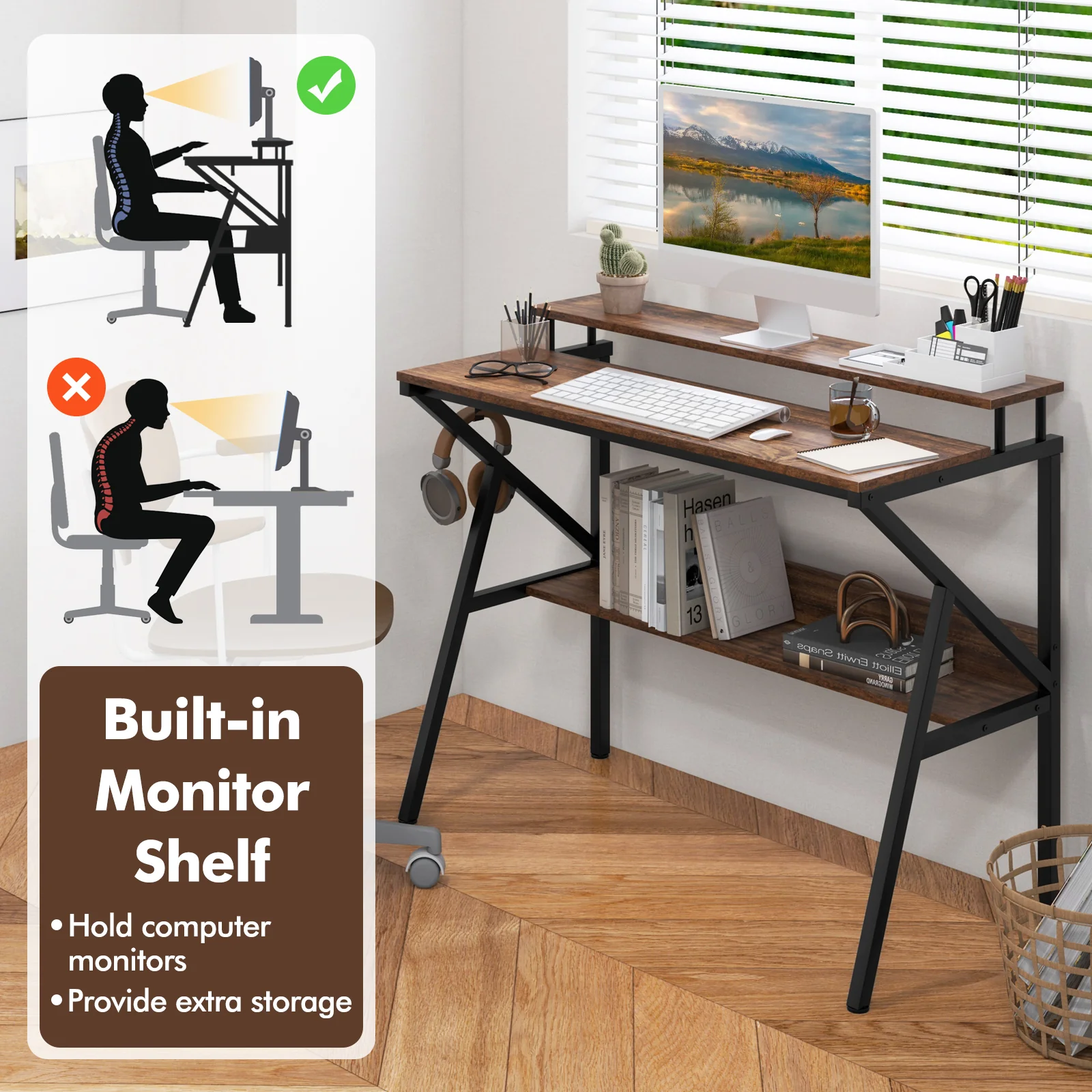 Computer Desk With Monitor Stand, Storage Shelf, Rustic Brown - Image 8