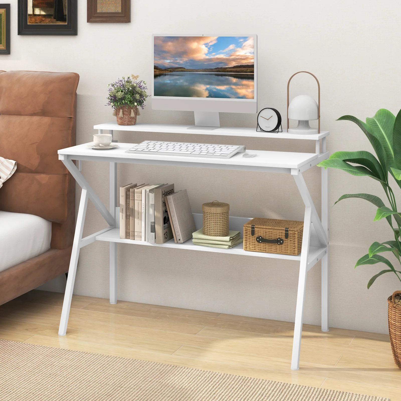 Computer Desk With Monitor Stand, Storage Shelf, White - Image 3