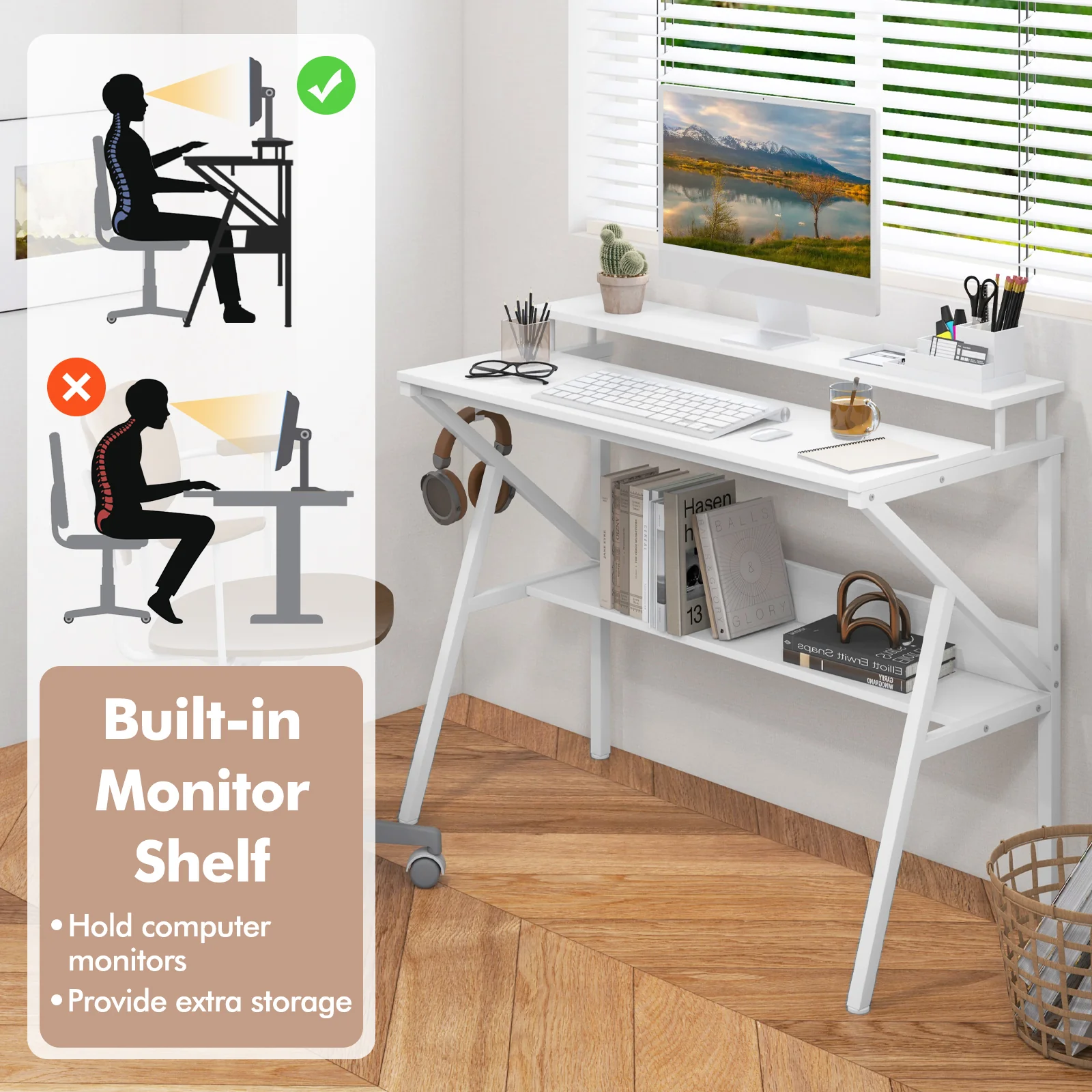 Computer Desk With Monitor Stand, Storage Shelf, White - Image 8