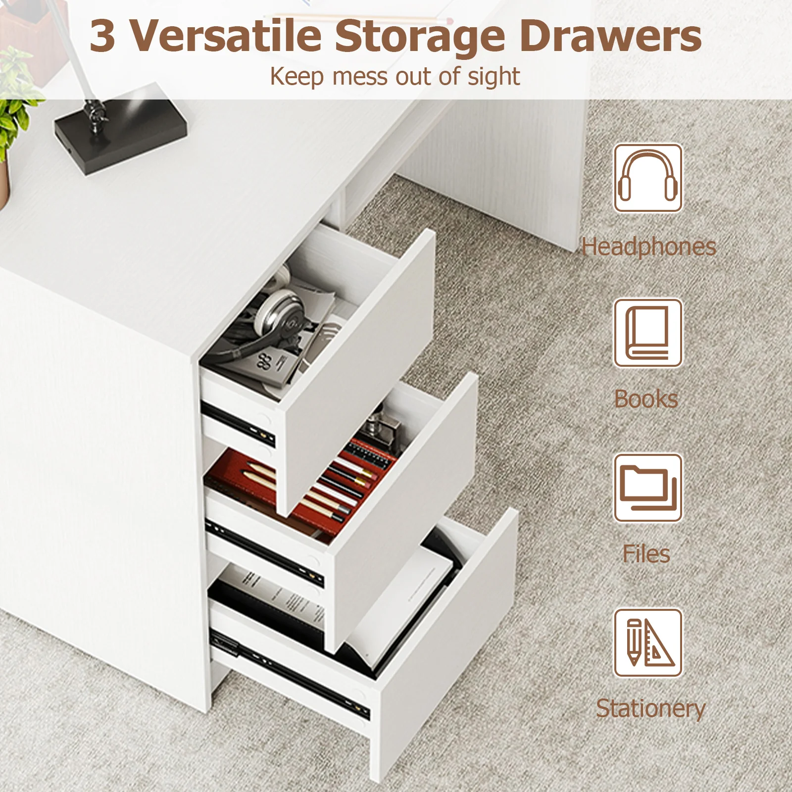 Computer Desk With Power Outlet, Keyboard Tray, 3 Drawers, White - Image 10