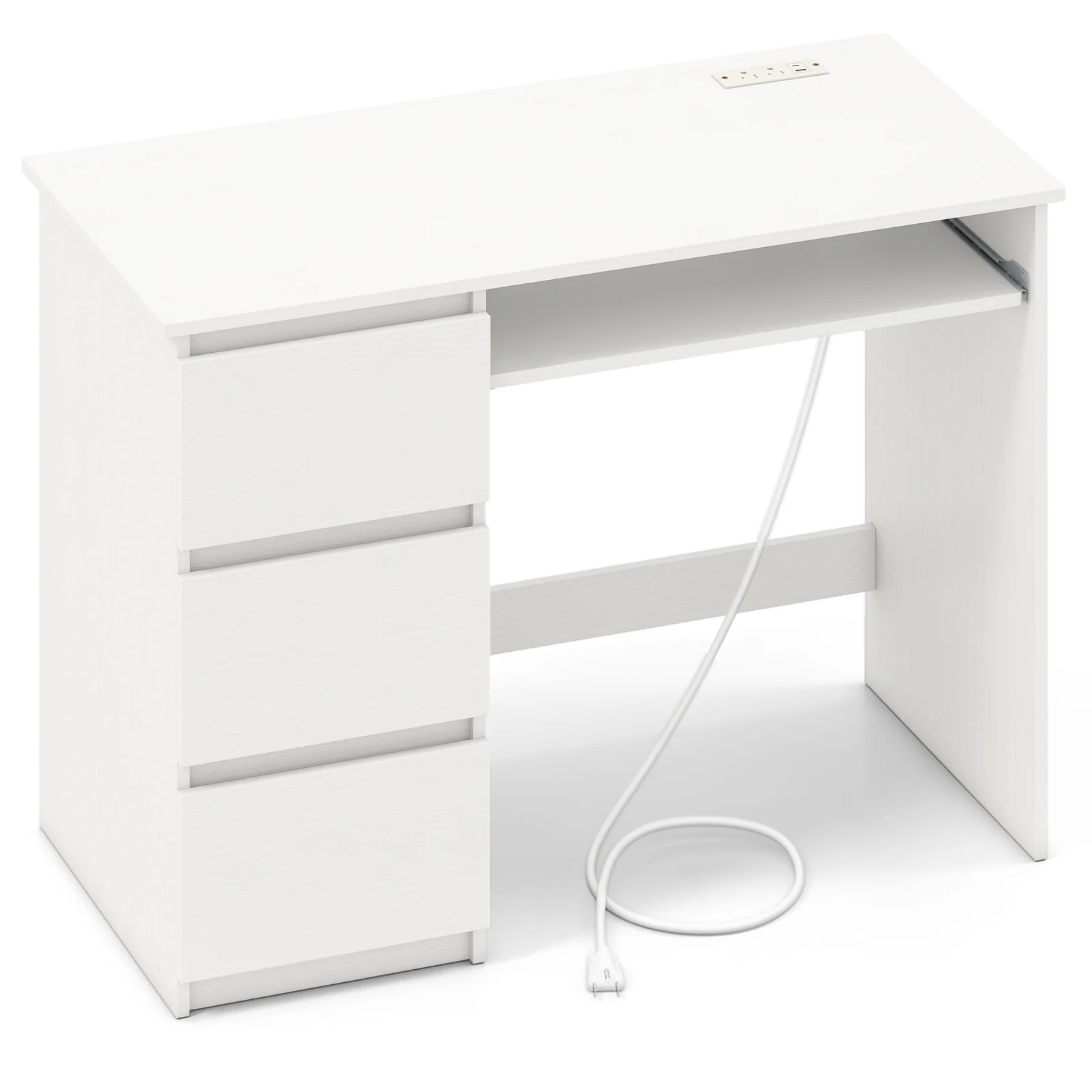 Computer Desk With Power Outlet, Keyboard Tray, 3 Drawers, White - Image 4