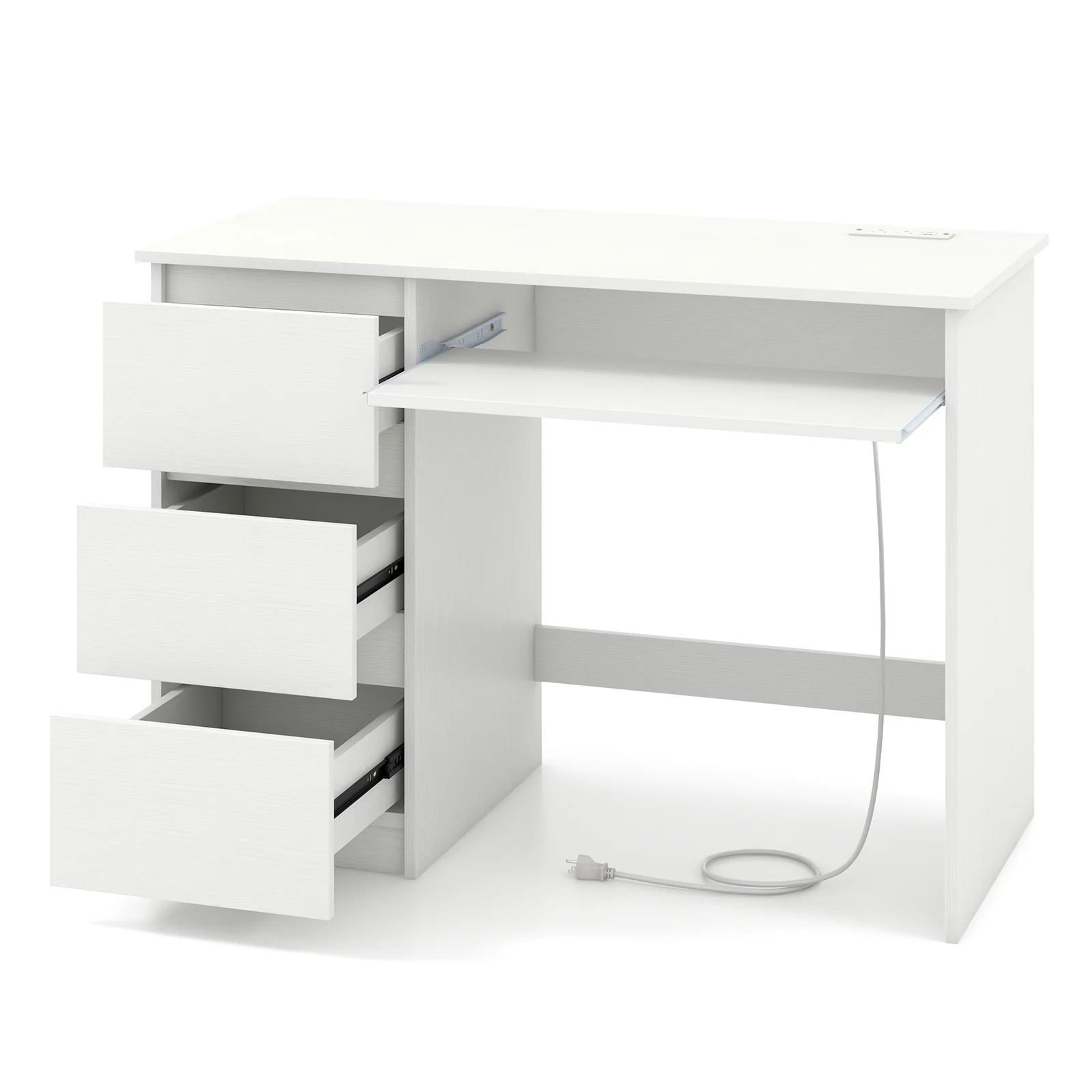 Computer Desk With Power Outlet, Keyboard Tray, 3 Drawers, White - Image 5
