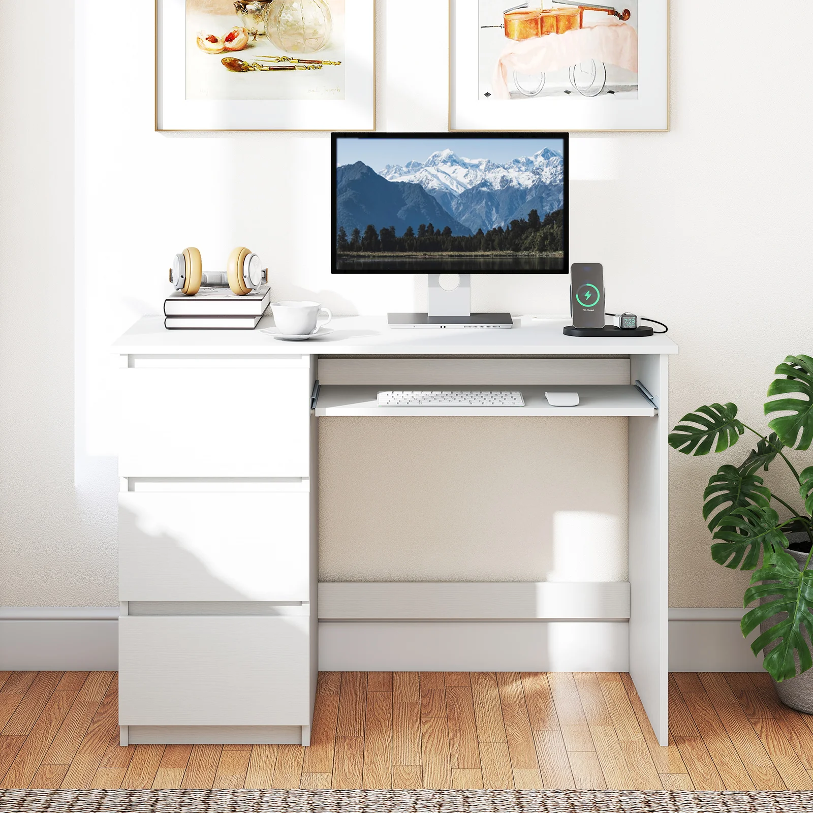 Computer Desk With Power Outlet, Keyboard Tray, 3 Drawers, White - Image 7