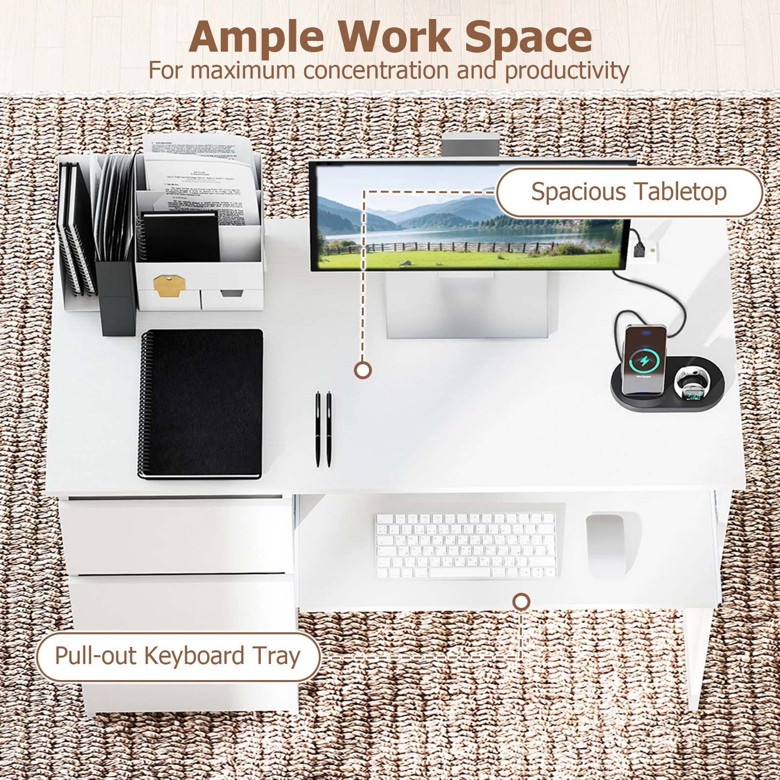 Computer Desk With Power Outlet, Keyboard Tray, 3 Drawers, White - Image 9