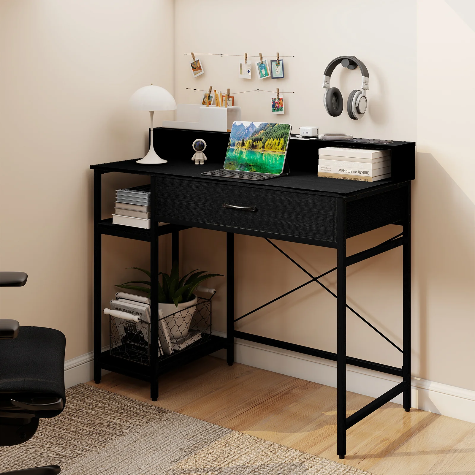 Computer Desk with Power Outlets 42inch Writing Desk with Hutch Drawer and 2 Open Shelves, Black - Image 3