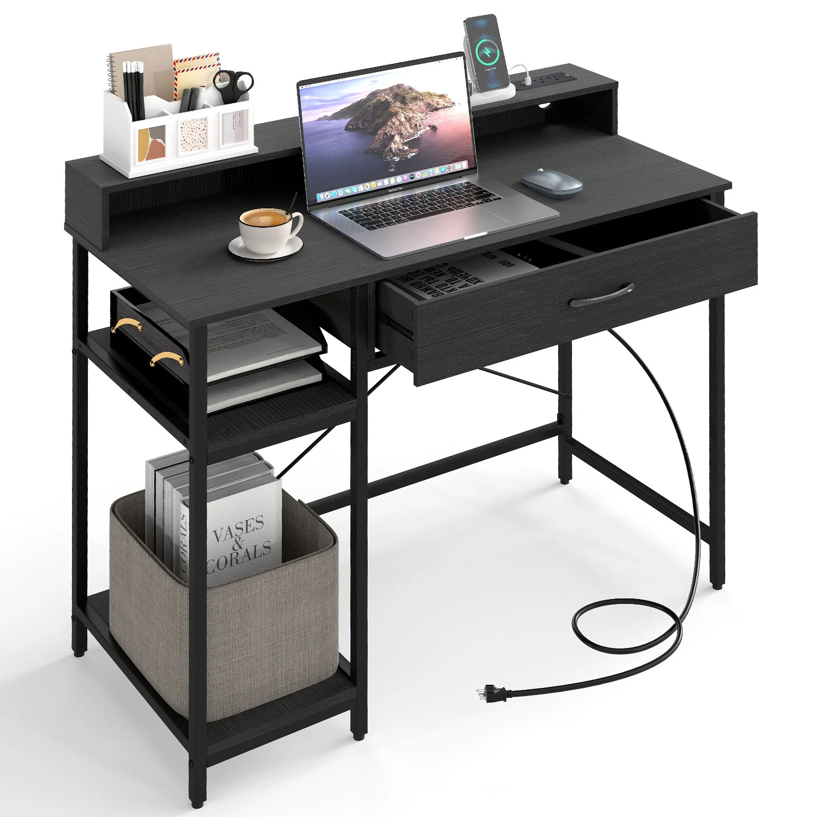 Computer Desk with Power Outlets 42inch Writing Desk with Hutch Drawer and 2 Open Shelves, Black - Image 4