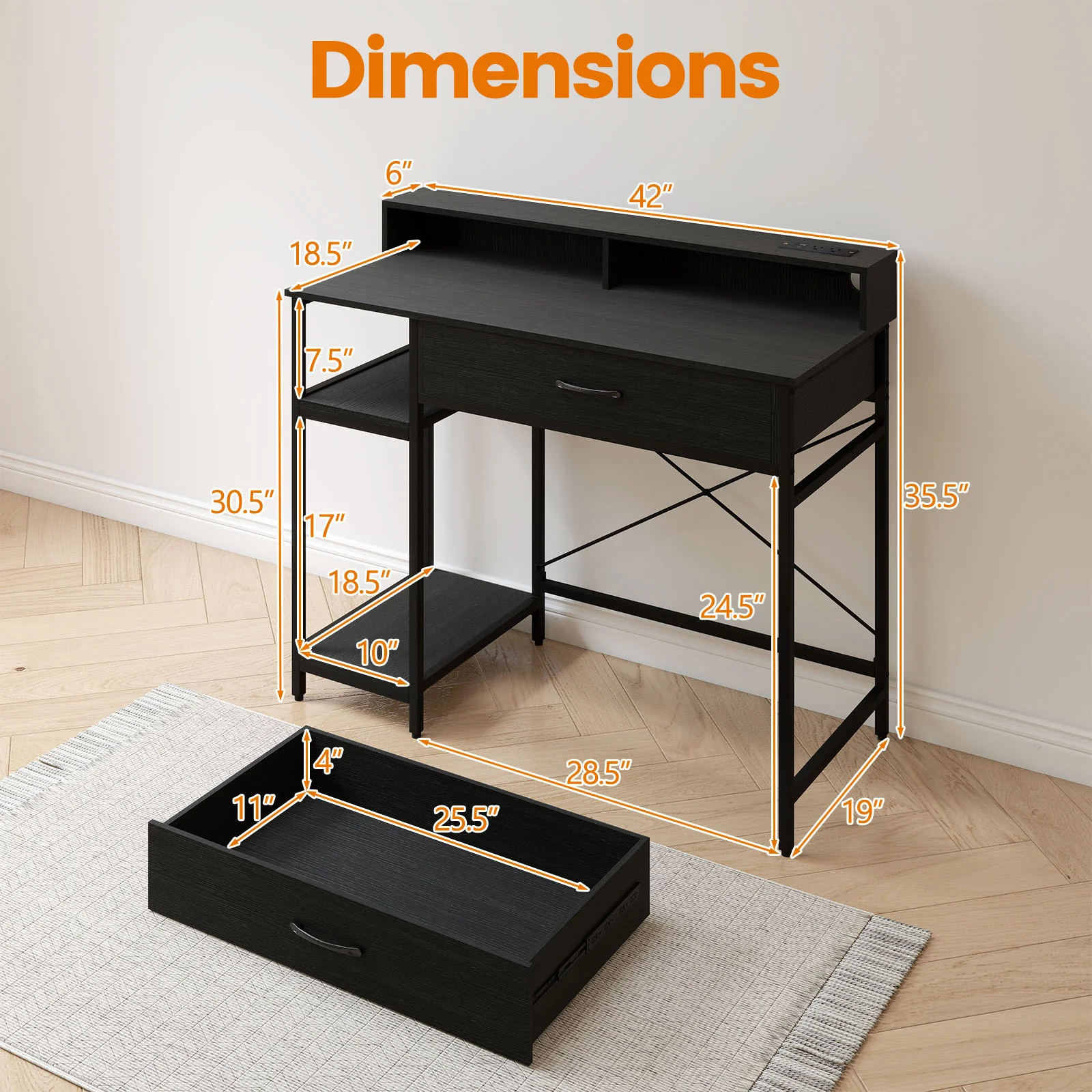 Computer Desk with Power Outlets 42inch Writing Desk with Hutch Drawer and 2 Open Shelves, Black - Image 6