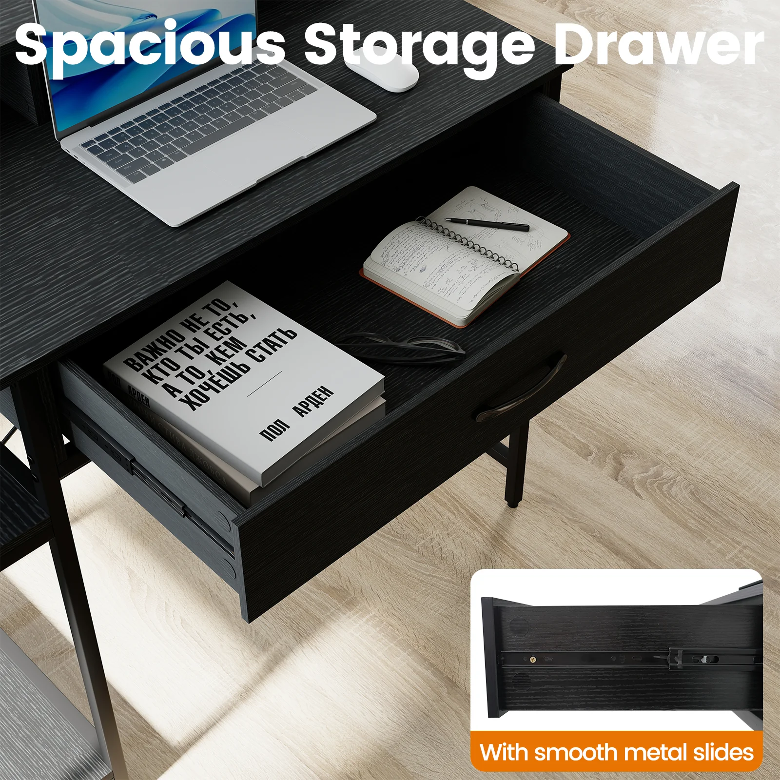 Computer Desk with Power Outlets 42inch Writing Desk with Hutch Drawer and 2 Open Shelves, Black - Image 9
