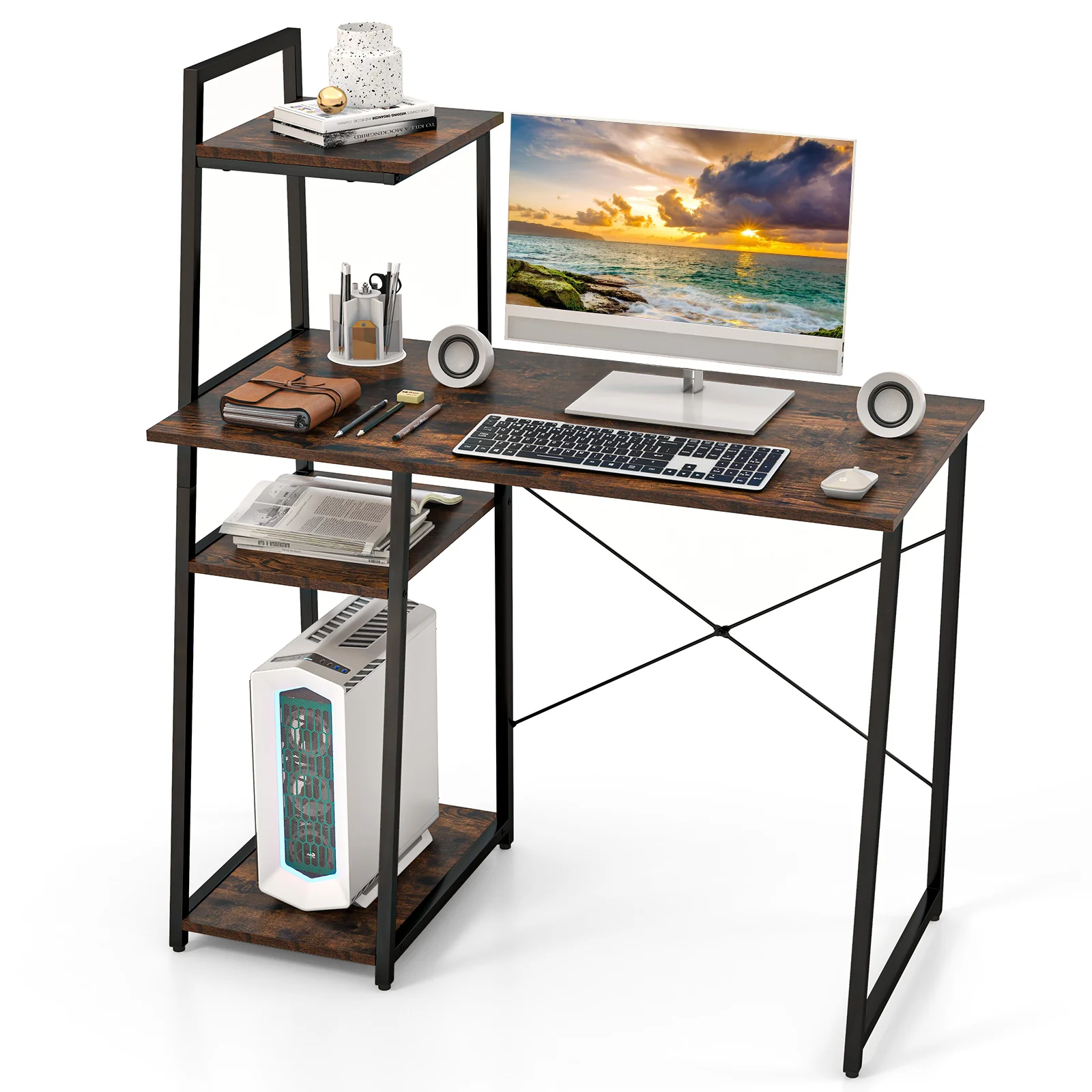 Computer Desk With Shelves, 3-Tier Storage Bookshelf, Brown