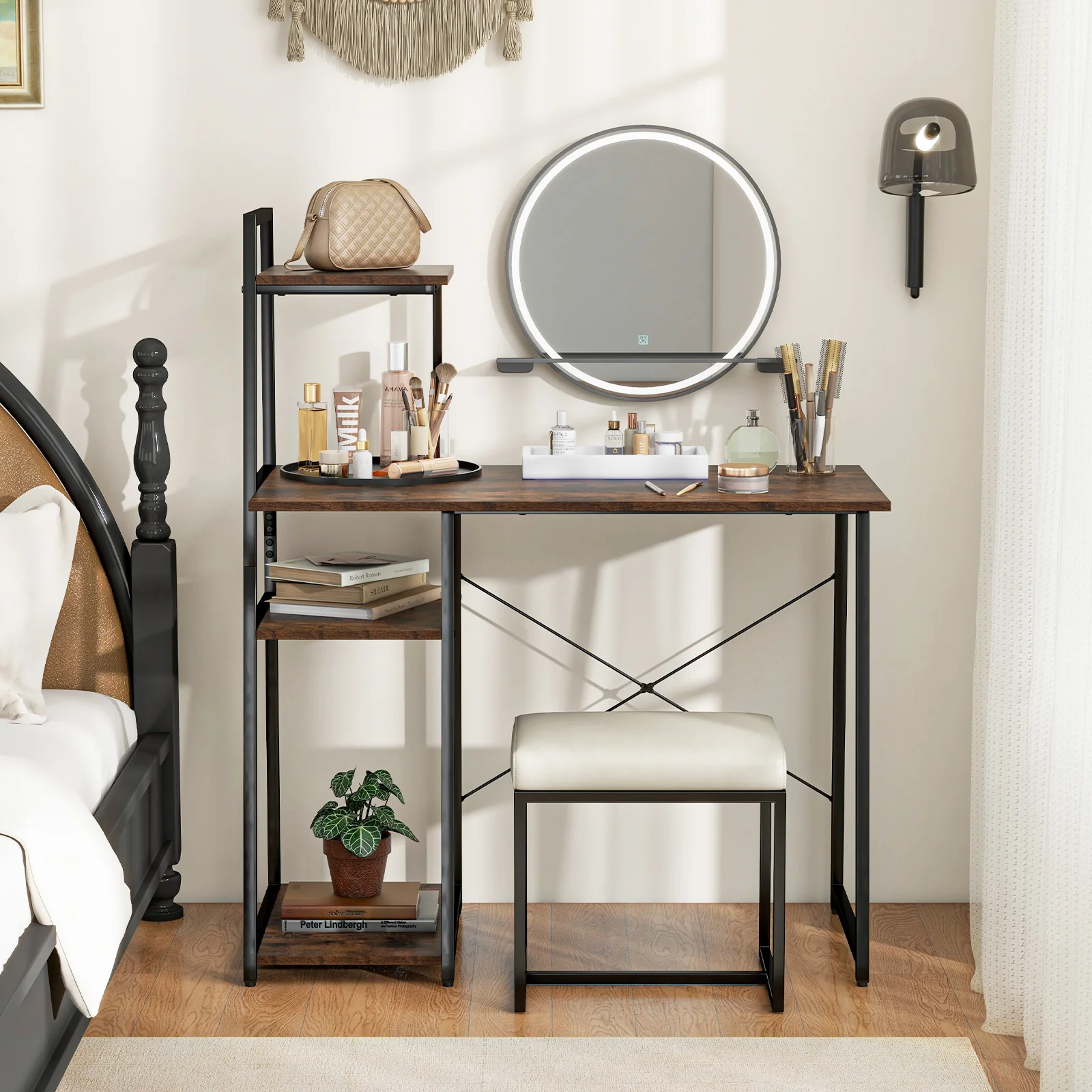 Computer Desk With Shelves, 3-Tier Storage Bookshelf, Brown - Image 3