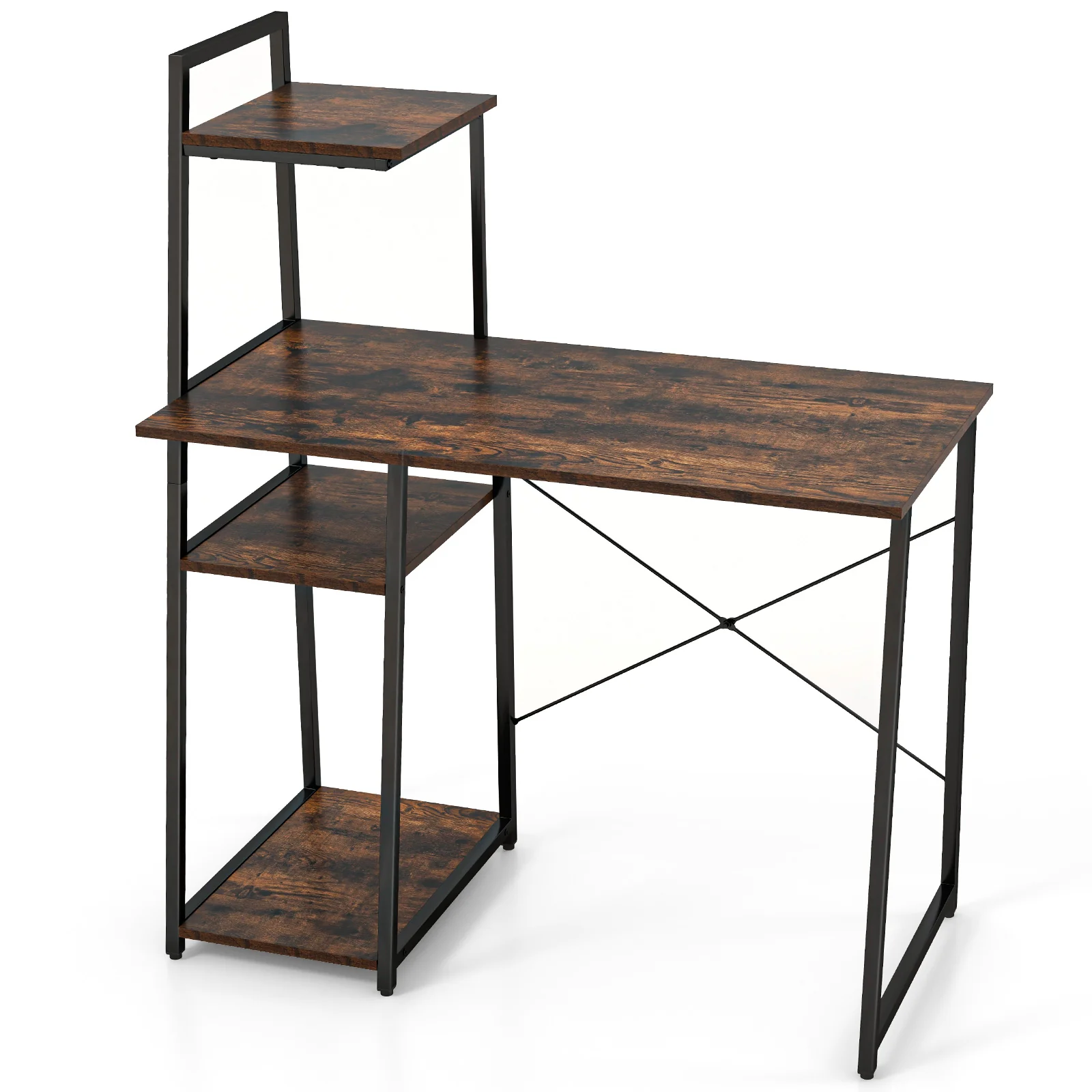 Computer Desk With Shelves, 3-Tier Storage Bookshelf, Brown - Image 4