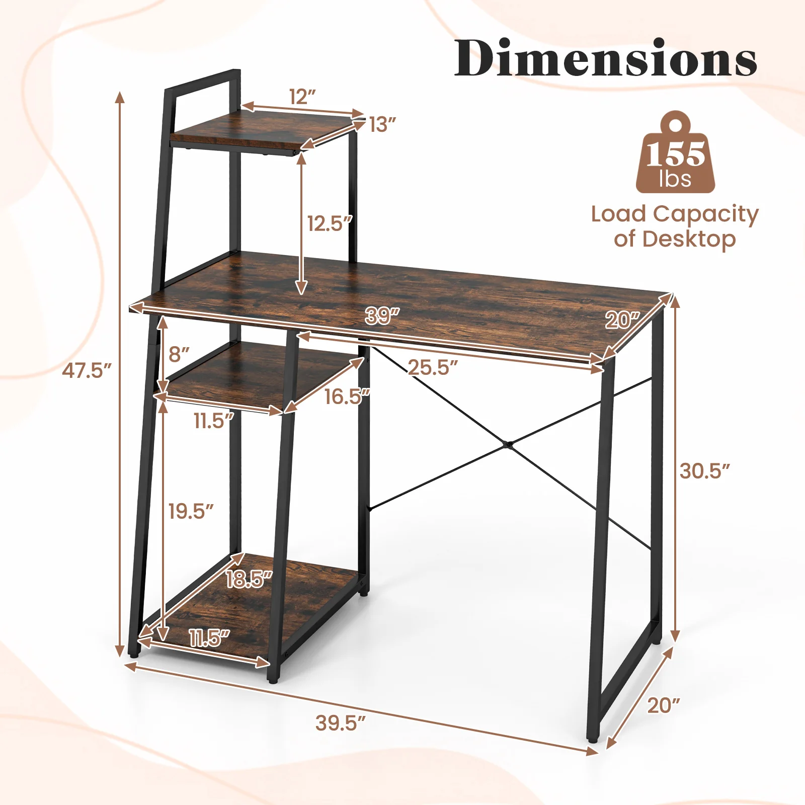 Computer Desk With Shelves, 3-Tier Storage Bookshelf, Brown - Image 6