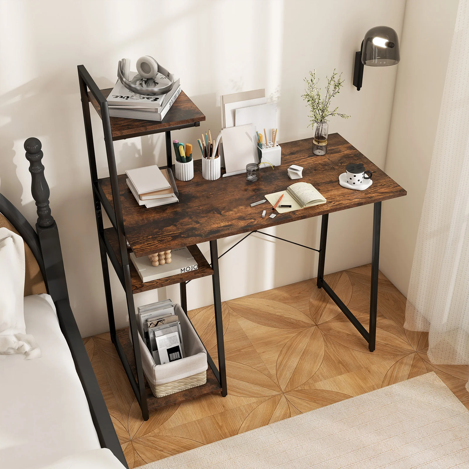 Computer Desk With Shelves, 3-Tier Storage Bookshelf, Brown - Image 7