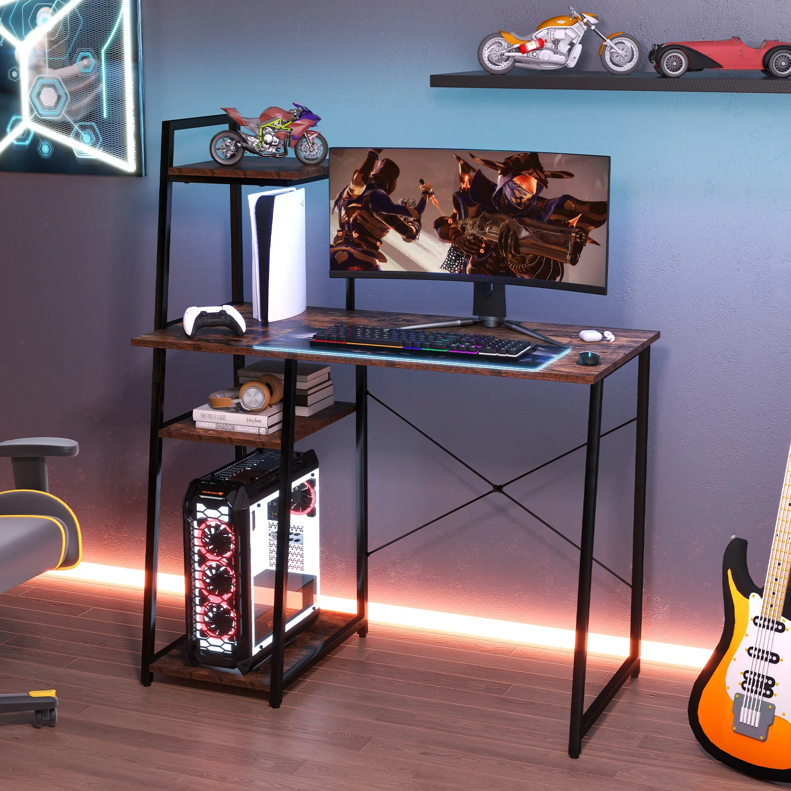 Computer Desk With Shelves, 3-Tier Storage Bookshelf, Brown - Image 8