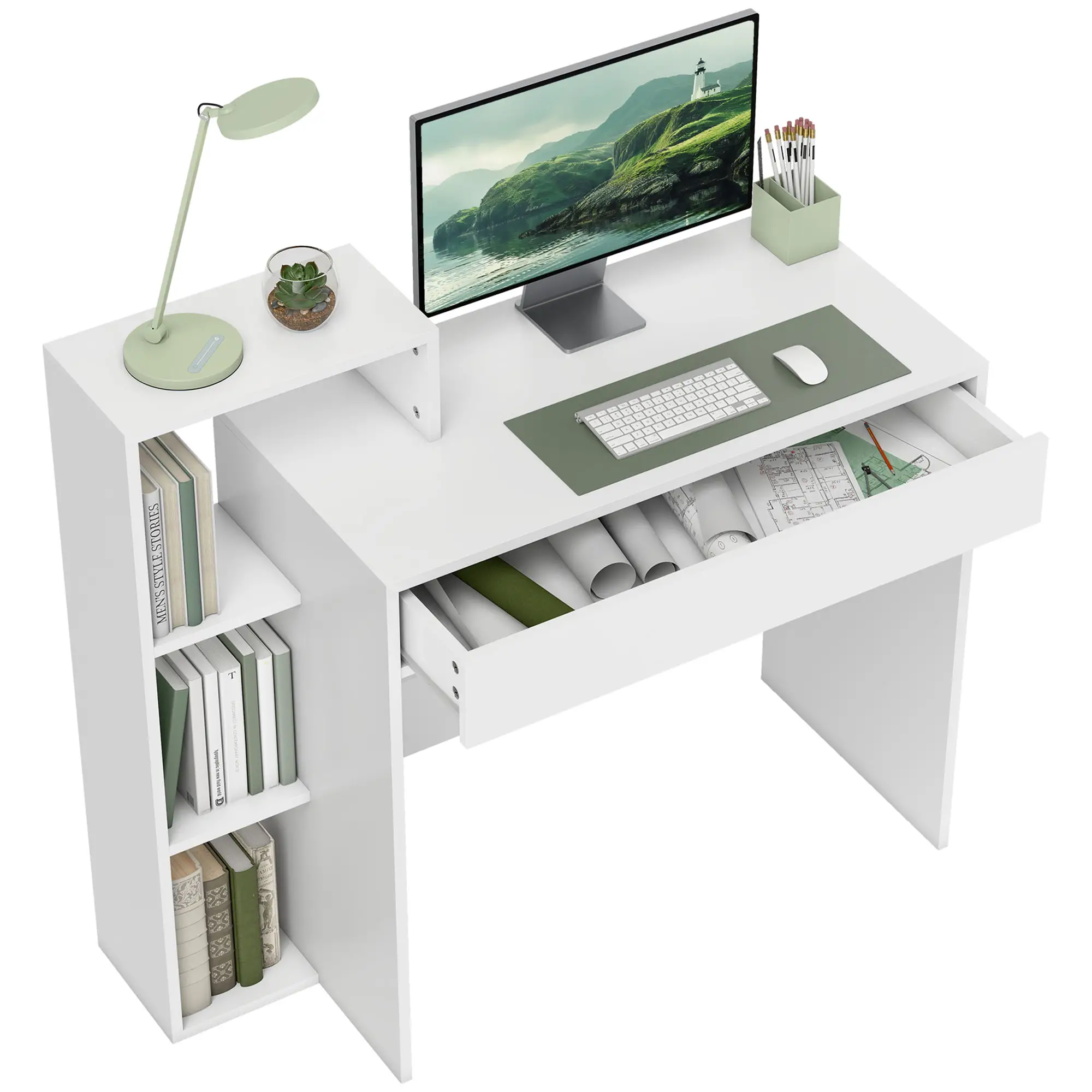 Computer Desk With Storage, 3 Open Shelves And Drawer, White - Image 11