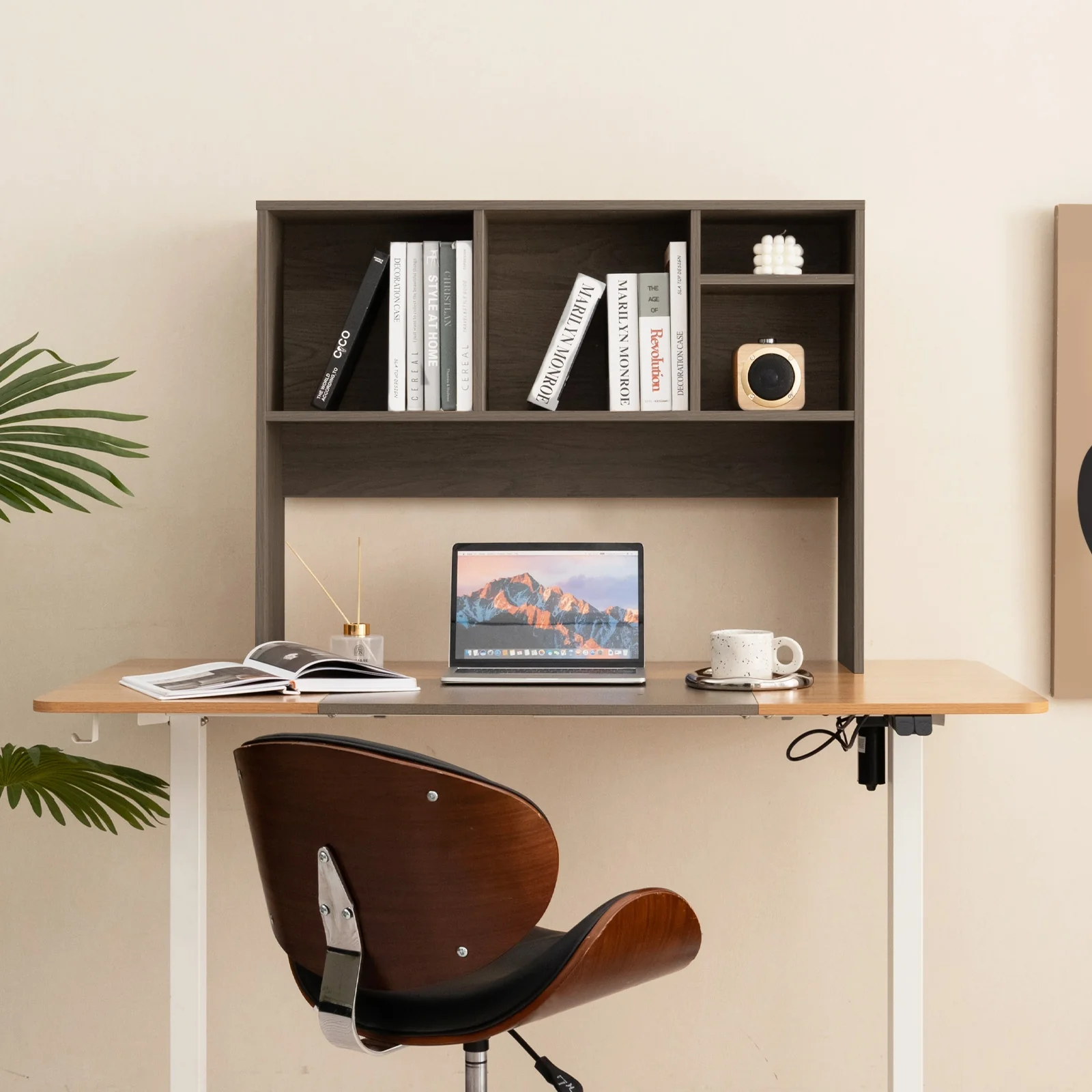 Computer Desktop Bookcase, 4 Cubbies, Open Back Compartment, Gray - Image 3