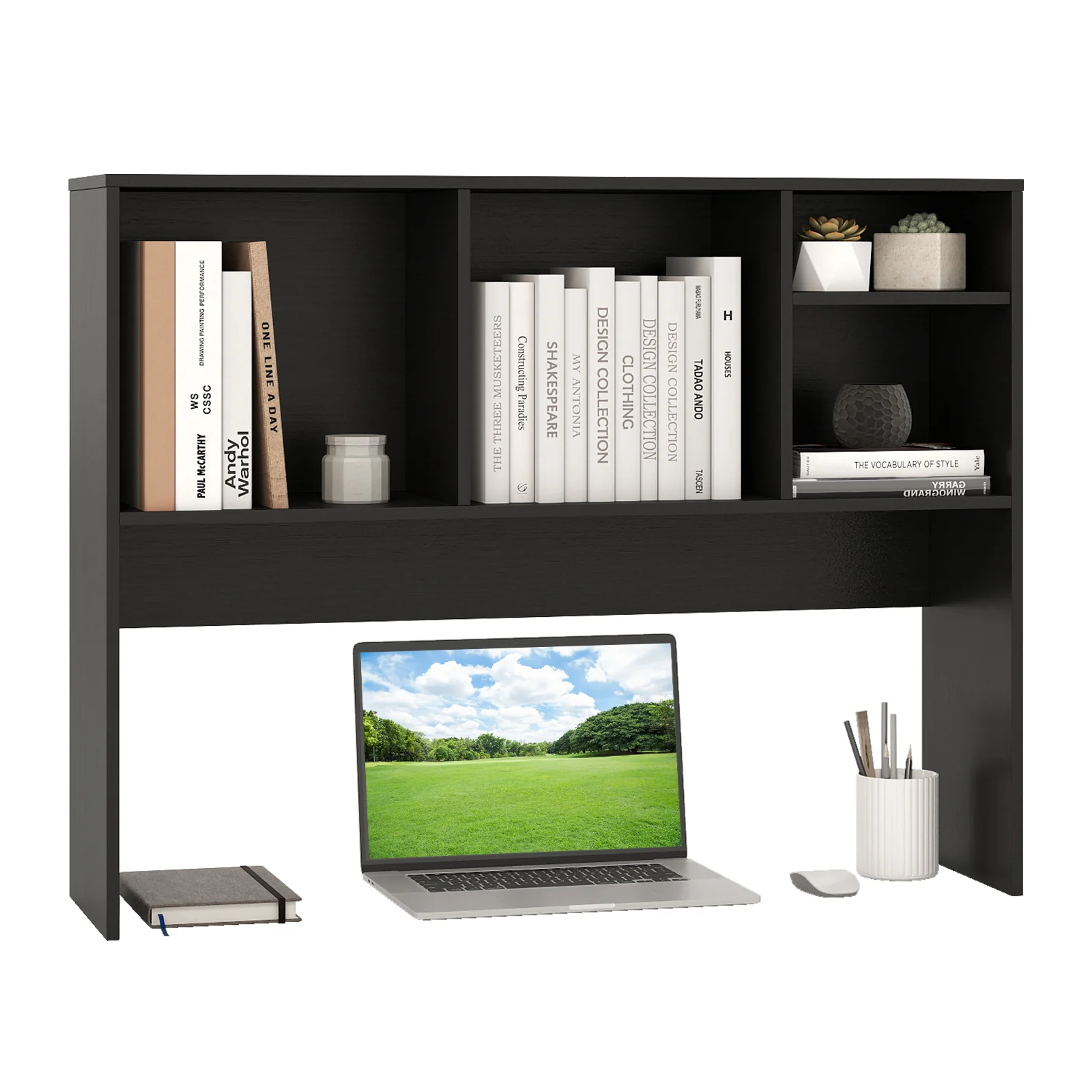 Computer Desktop Bookcase with 4 Cubbies and Open Back Compartment-DK, Black