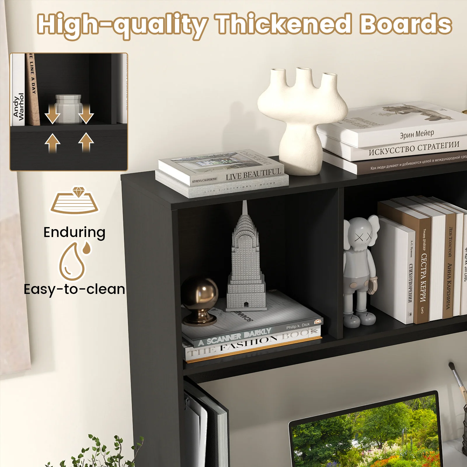 Computer Desktop Bookcase with 4 Cubbies and Open Back Compartment-DK, Black - Image 10