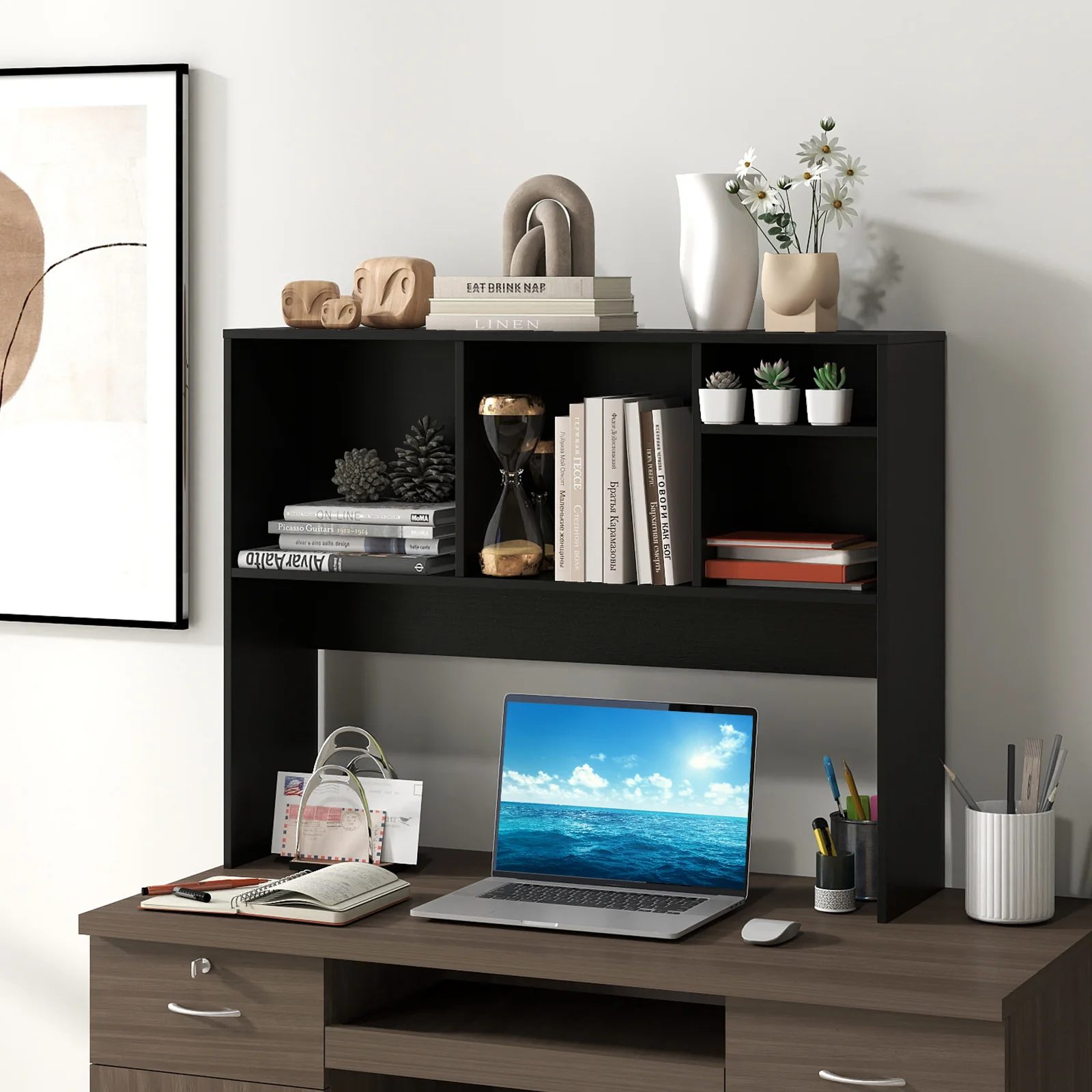 Computer Desktop Bookcase with 4 Cubbies and Open Back Compartment-DK, Black - Image 2