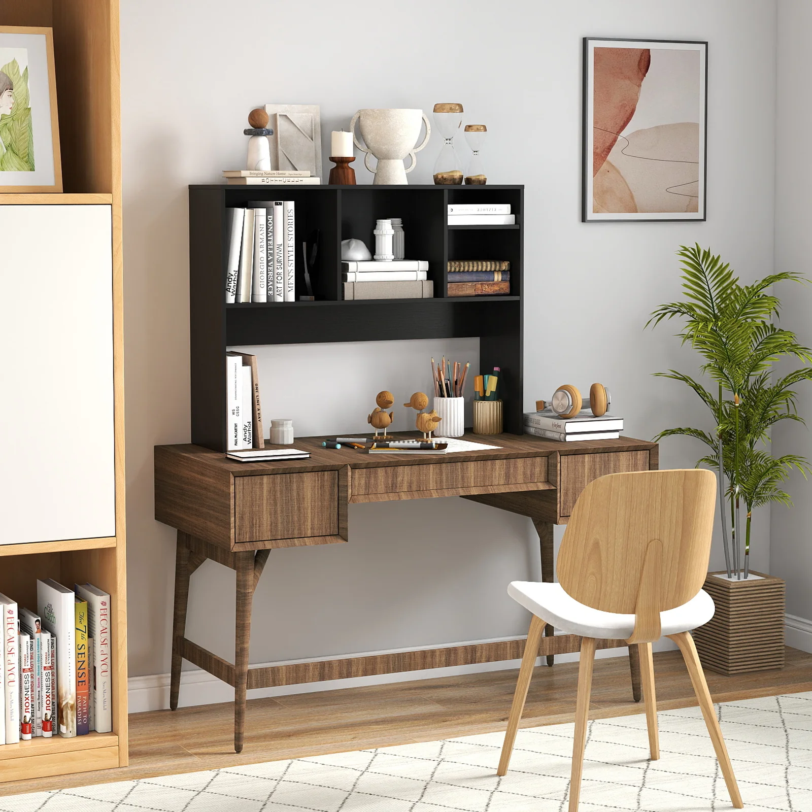 Computer Desktop Bookcase with 4 Cubbies and Open Back Compartment-DK, Black - Image 3
