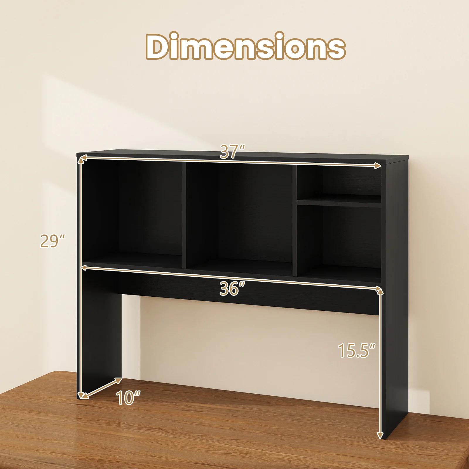 Computer Desktop Bookcase with 4 Cubbies and Open Back Compartment-DK, Black - Image 6