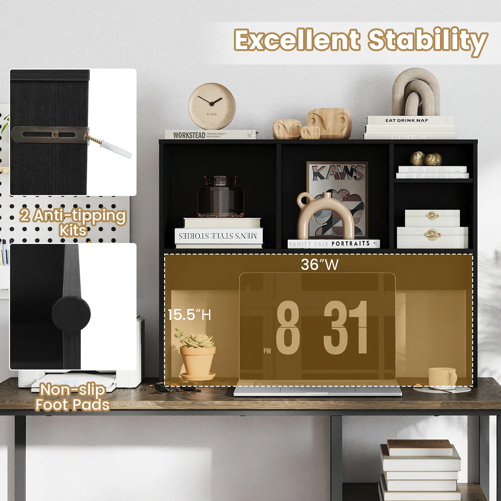 Computer Desktop Bookcase with 4 Cubbies and Open Back Compartment-DK, Black - Image 9