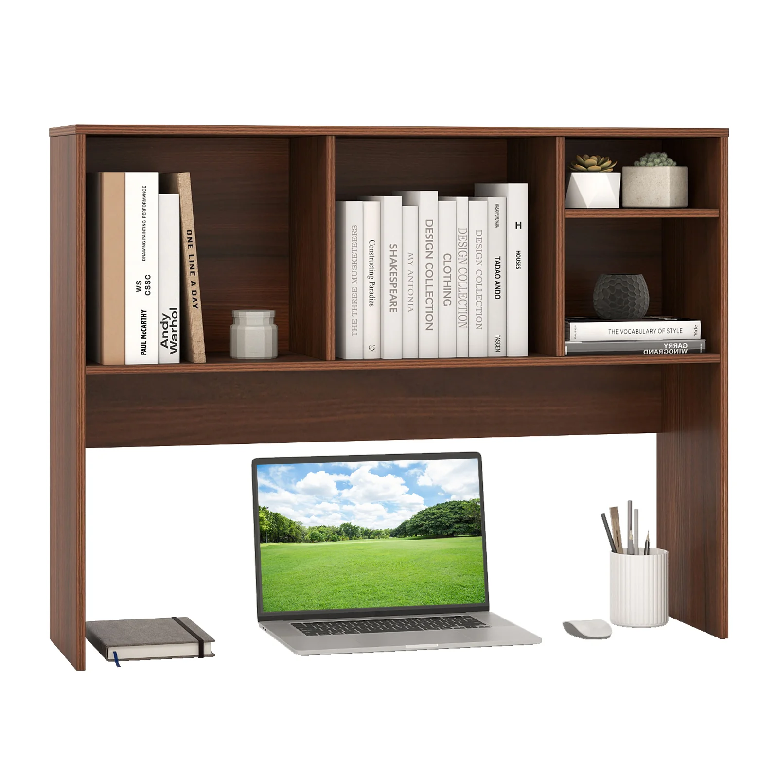 Computer Desktop Bookcase with 4 Cubbies and Open Back Compartment-HT, Walnut