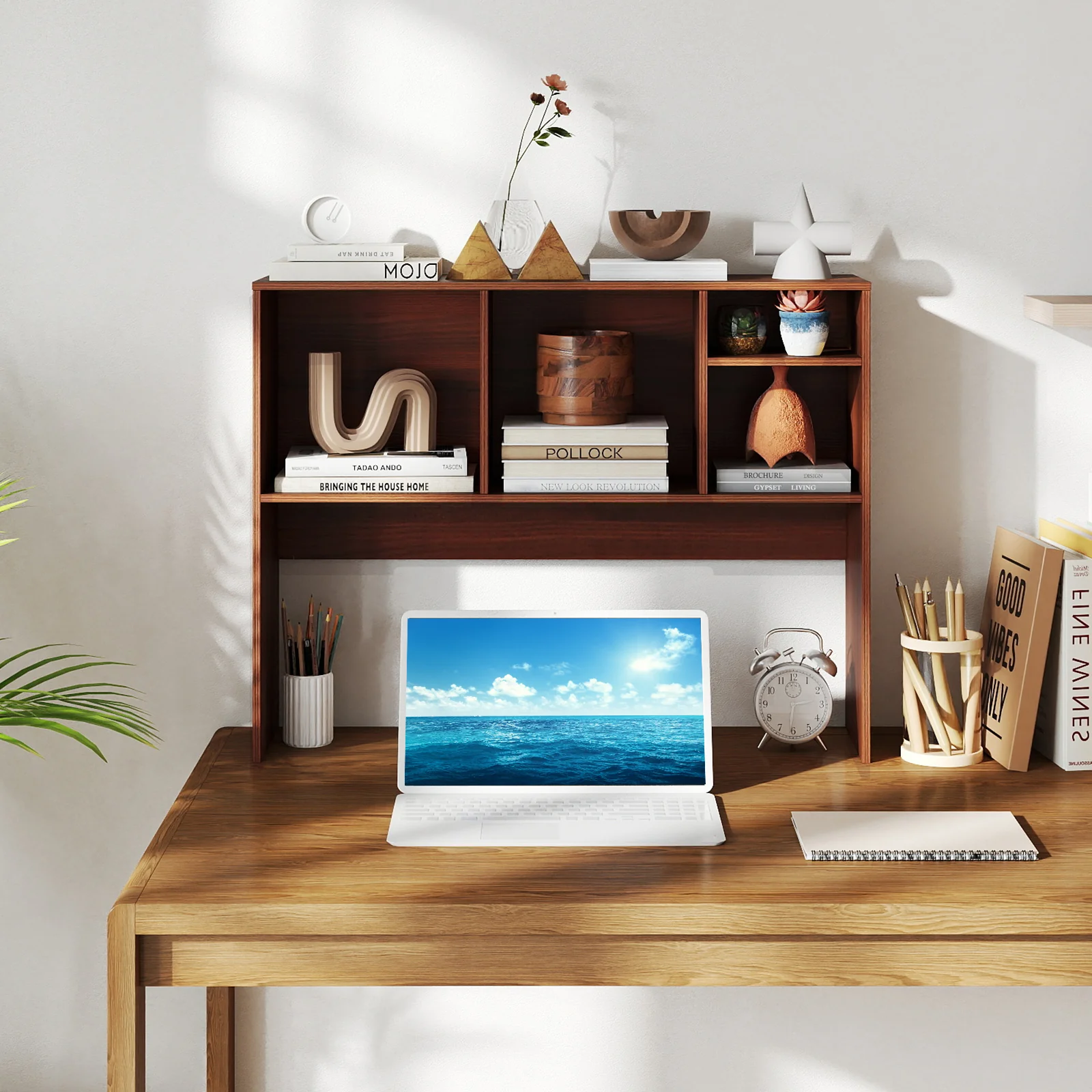 Computer Desktop Bookcase with 4 Cubbies and Open Back Compartment-HT, Walnut - Image 10