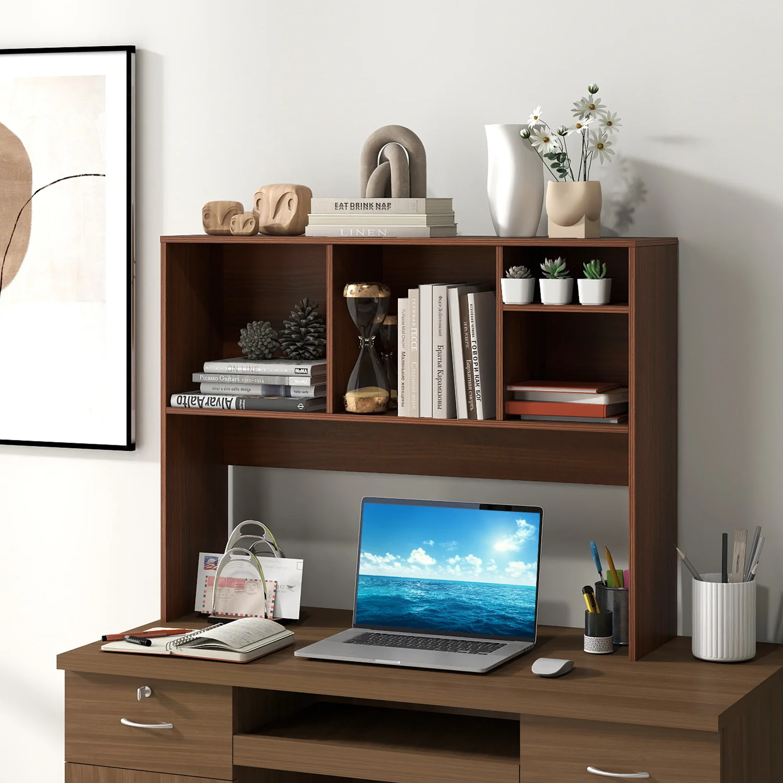 Computer Desktop Bookcase with 4 Cubbies and Open Back Compartment-HT, Walnut - Image 2