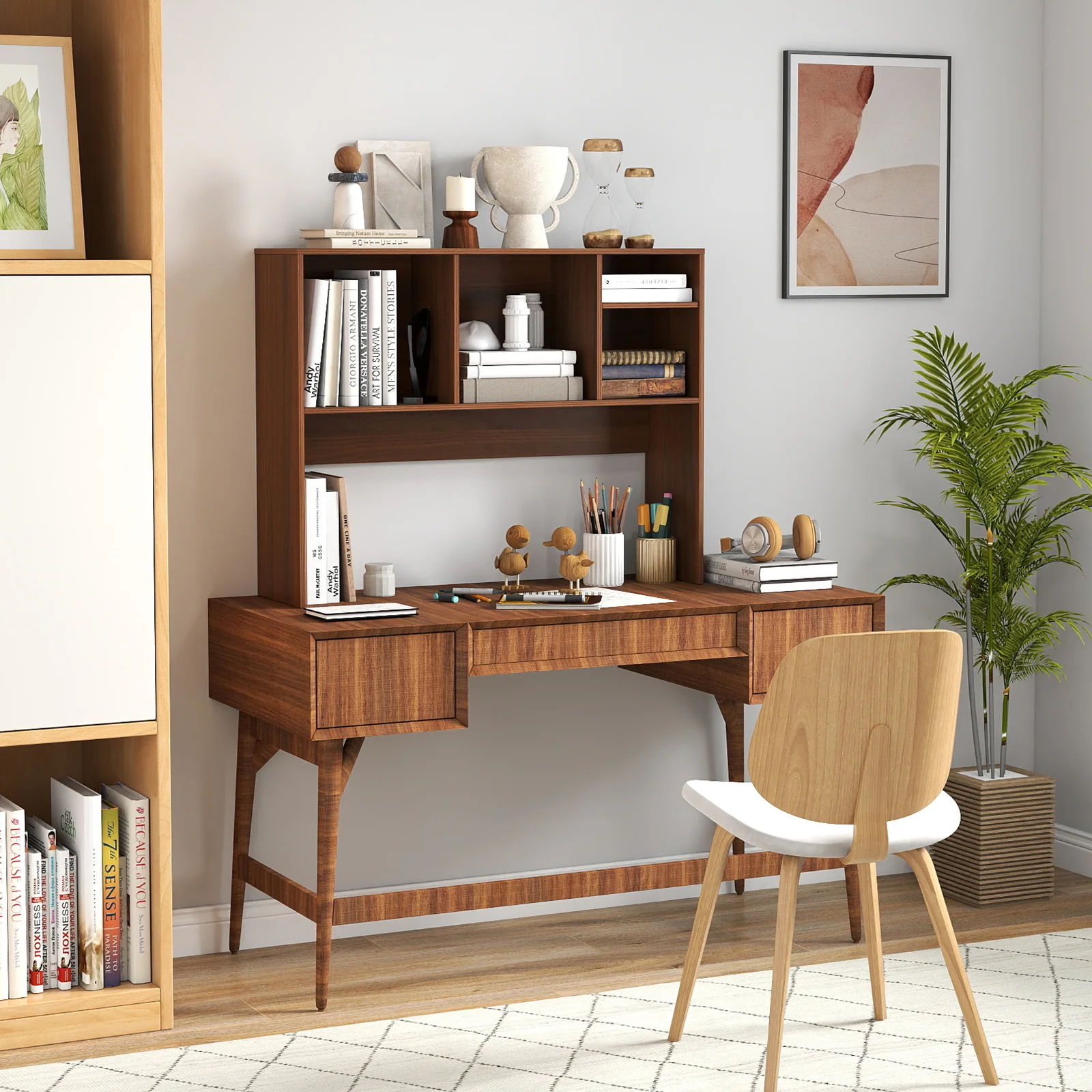 Computer Desktop Bookcase with 4 Cubbies and Open Back Compartment-HT, Walnut - Image 3