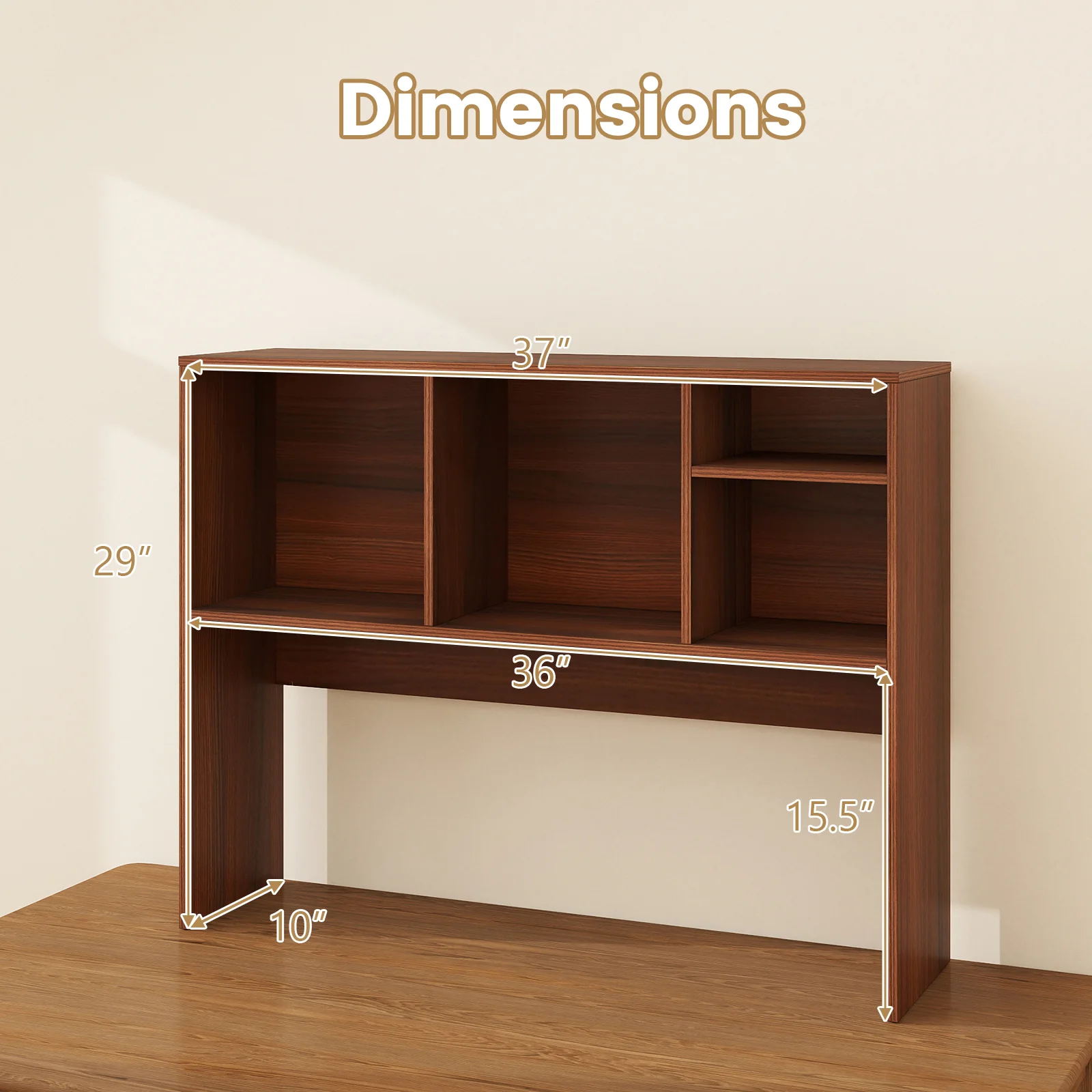 Computer Desktop Bookcase with 4 Cubbies and Open Back Compartment-HT, Walnut - Image 6