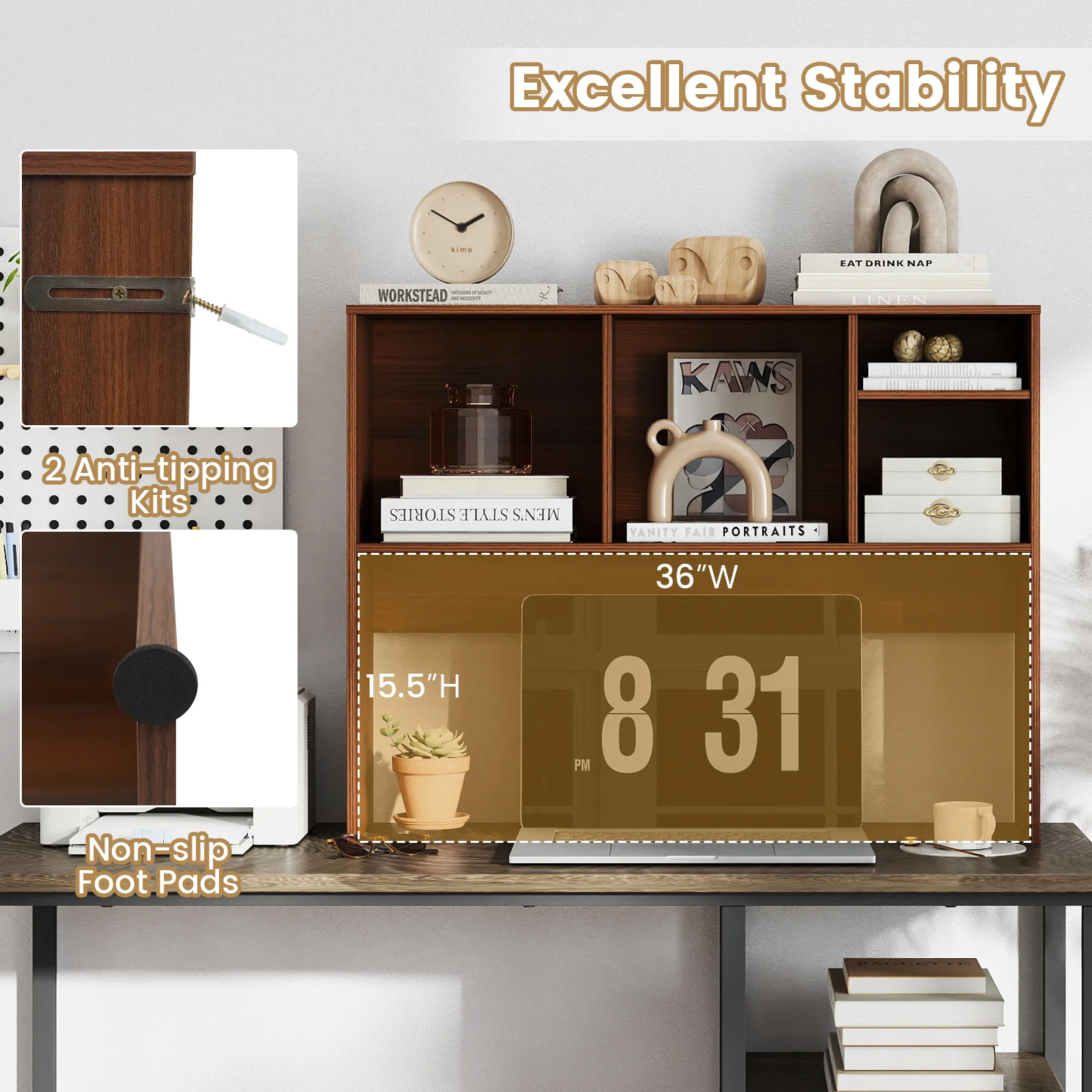 Computer Desktop Bookcase with 4 Cubbies and Open Back Compartment-HT, Walnut - Image 8