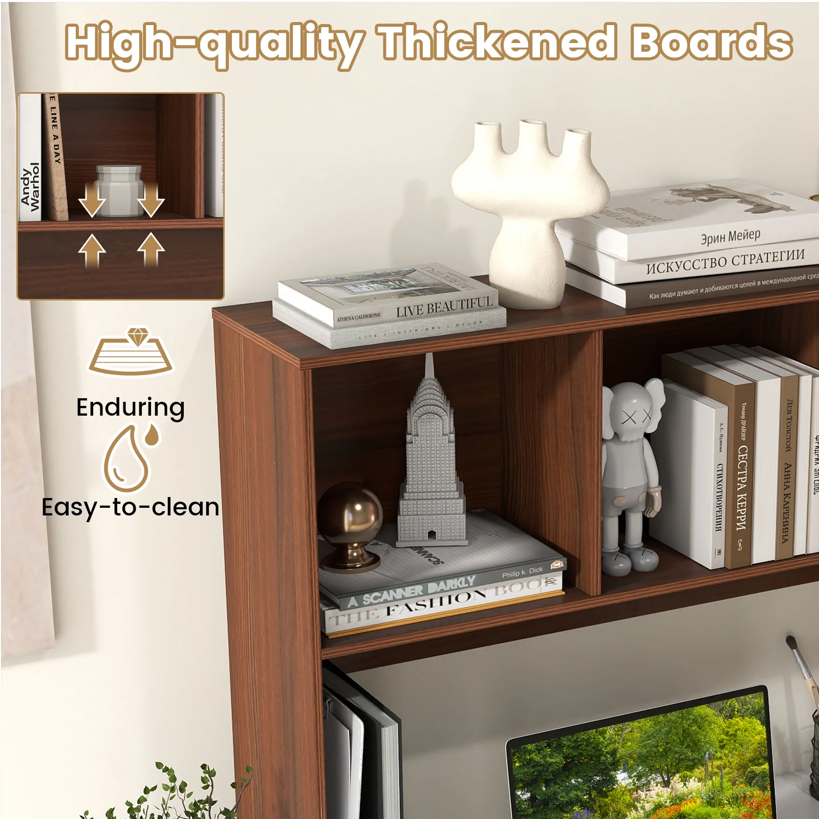 Computer Desktop Bookcase with 4 Cubbies and Open Back Compartment-HT, Walnut - Image 9