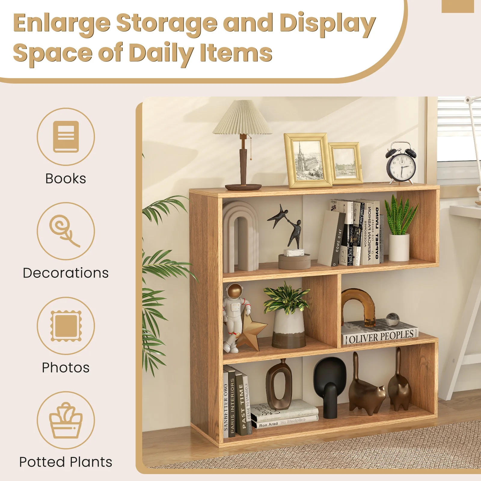 Concave Bookshelf, 3-Shelf Open Bookcase, Natural - Image 9