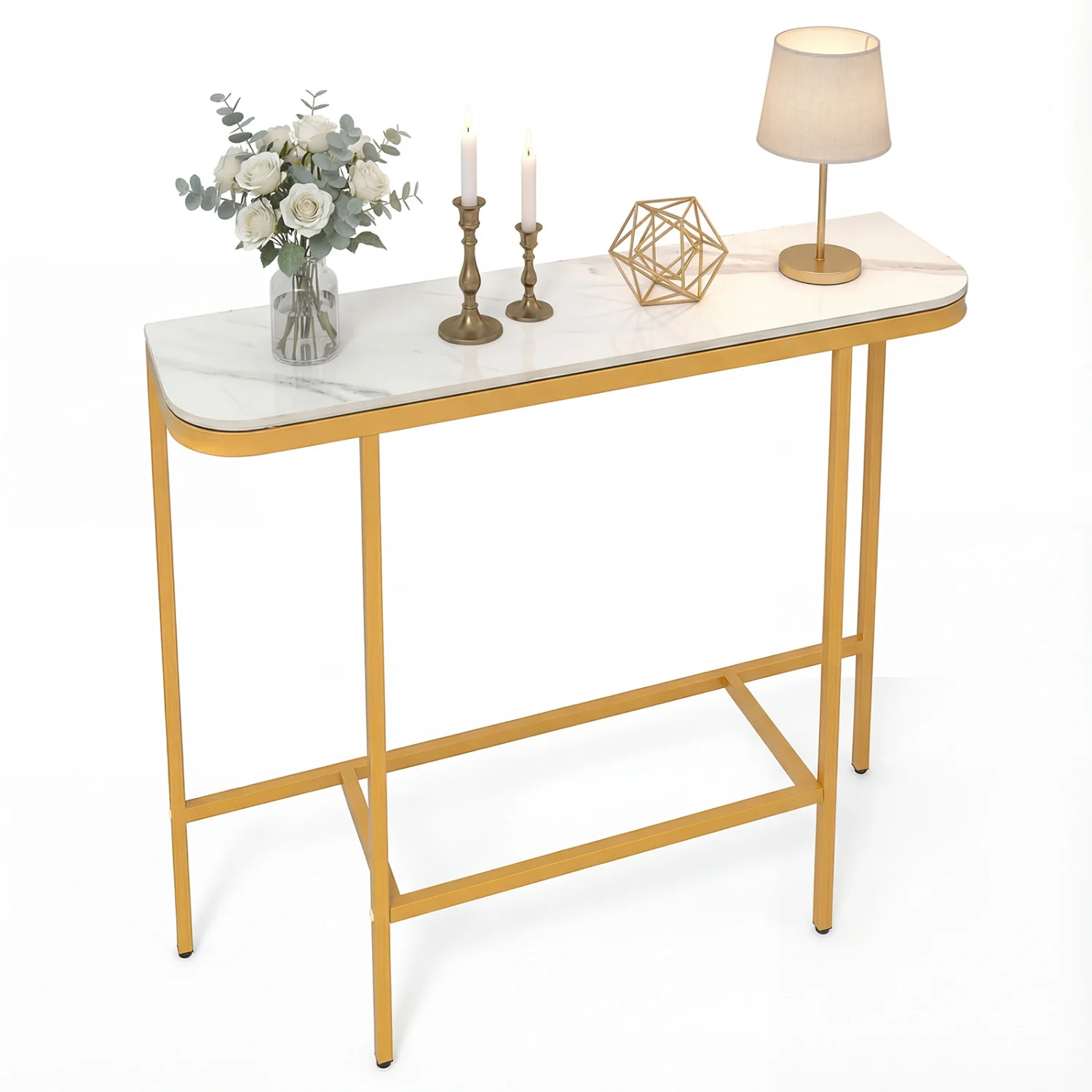 Console Table 44-Inch, Faux Marble Tabletop, Metal Frame, White
