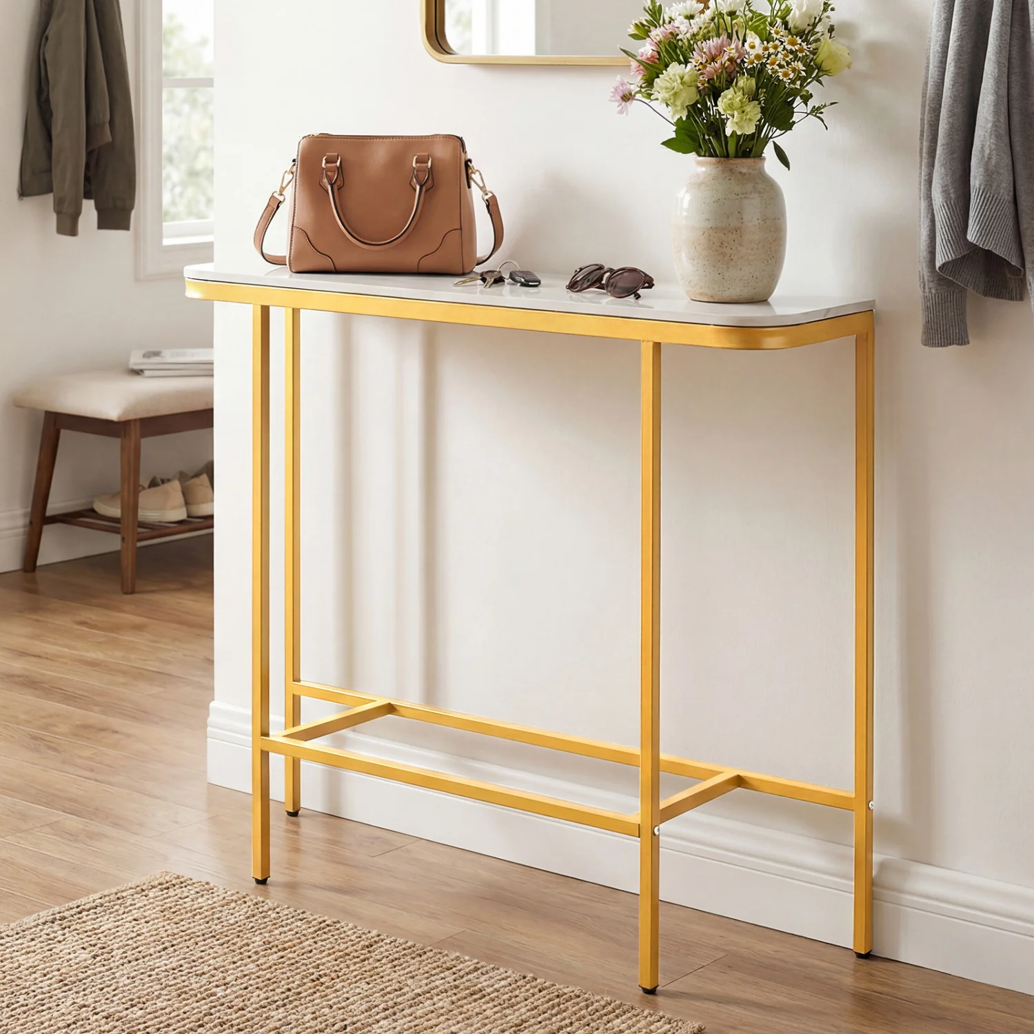 Console Table 44-Inch, Faux Marble Tabletop, Metal Frame, White - Image 3
