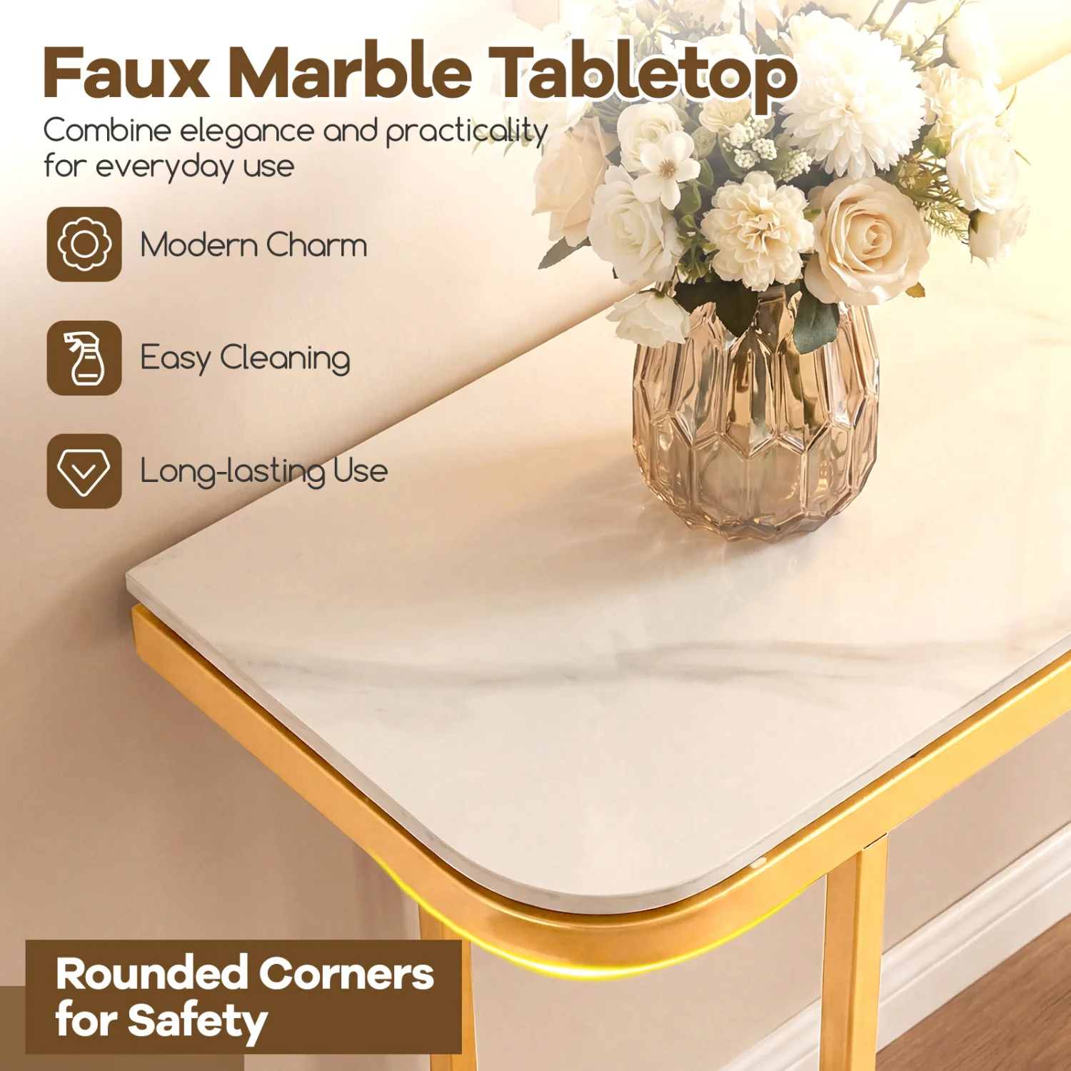 Console Table 44-Inch, Faux Marble Tabletop, Metal Frame, White - Image 6