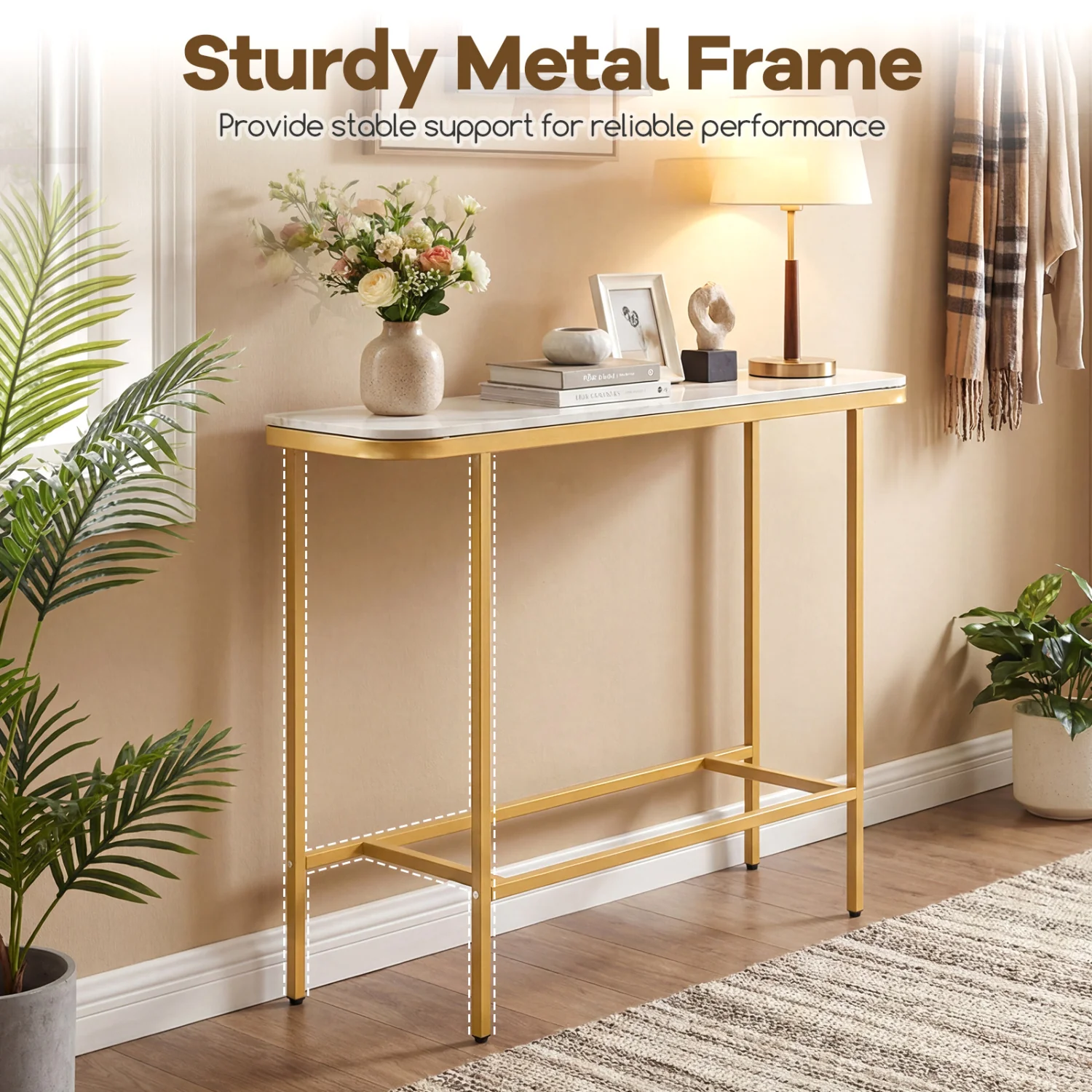 Console Table 44-Inch, Faux Marble Tabletop, Metal Frame, White - Image 7