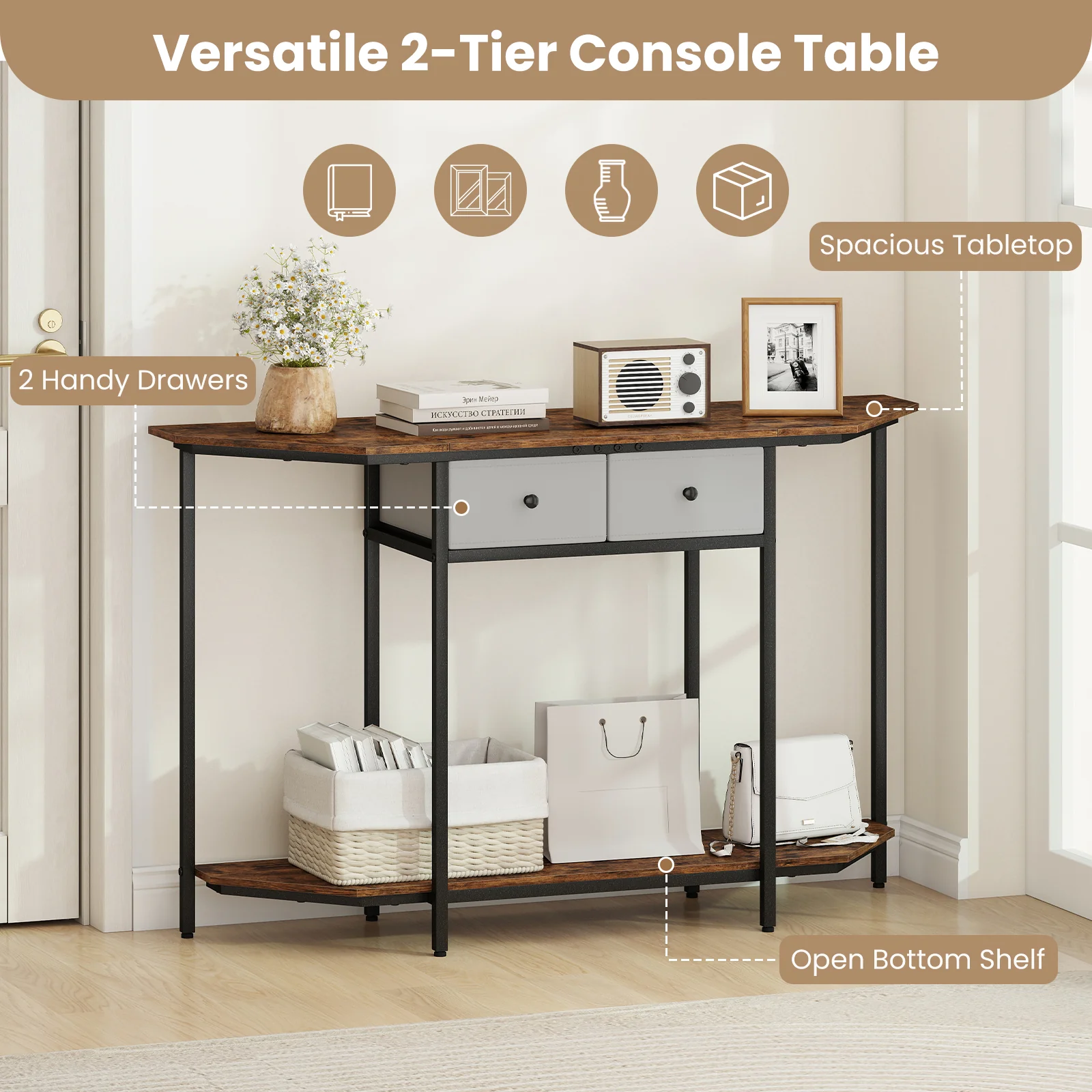 Console Table With 2 Drawers, Open Storage Shelf, Brown - Image 7