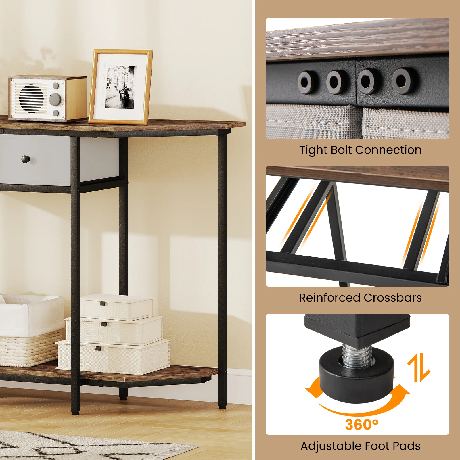 Console Table With 2 Drawers, Open Storage Shelf, Brown - Image 9