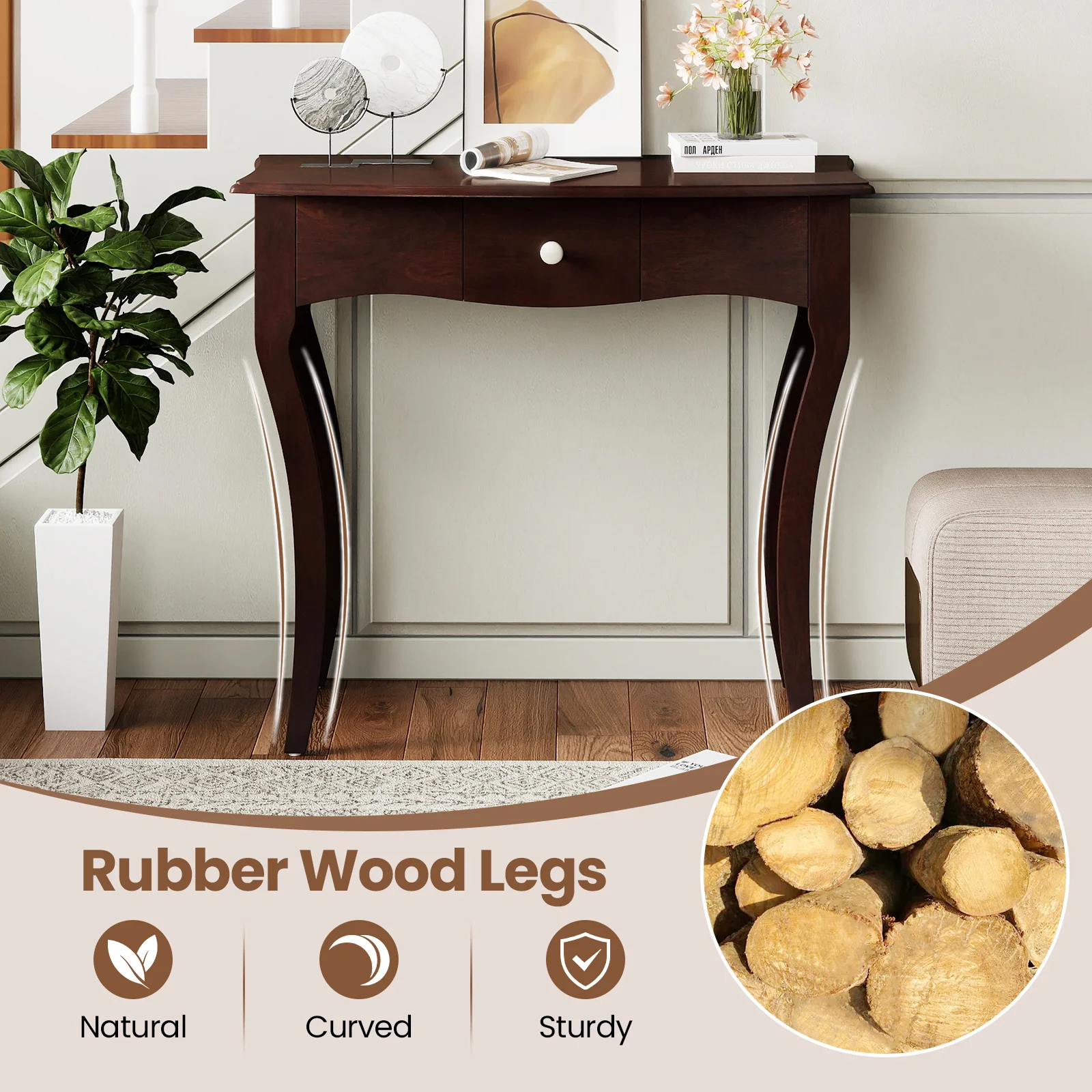 Console Table With Drawer, Solid Wood Frame, Espresso - Image 10