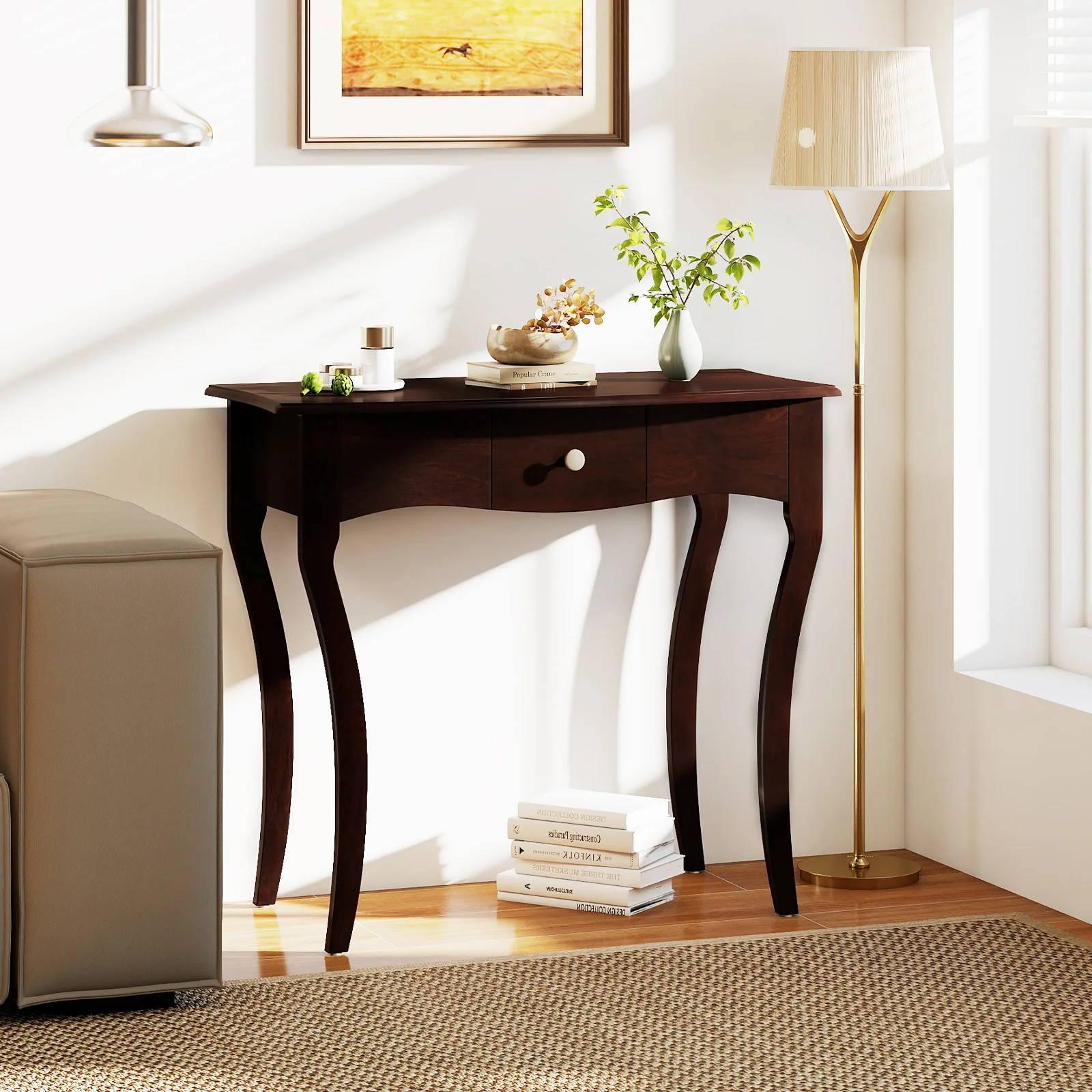 Console Table With Drawer, Solid Wood Frame, Espresso - Image 3